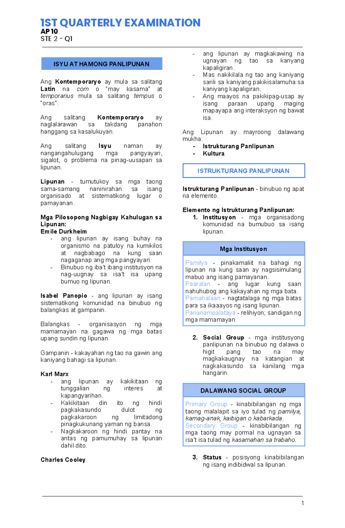 AP 10 Q1 Final Exam Reviewer: Isyu at Hamong Panlipunan - Studocu