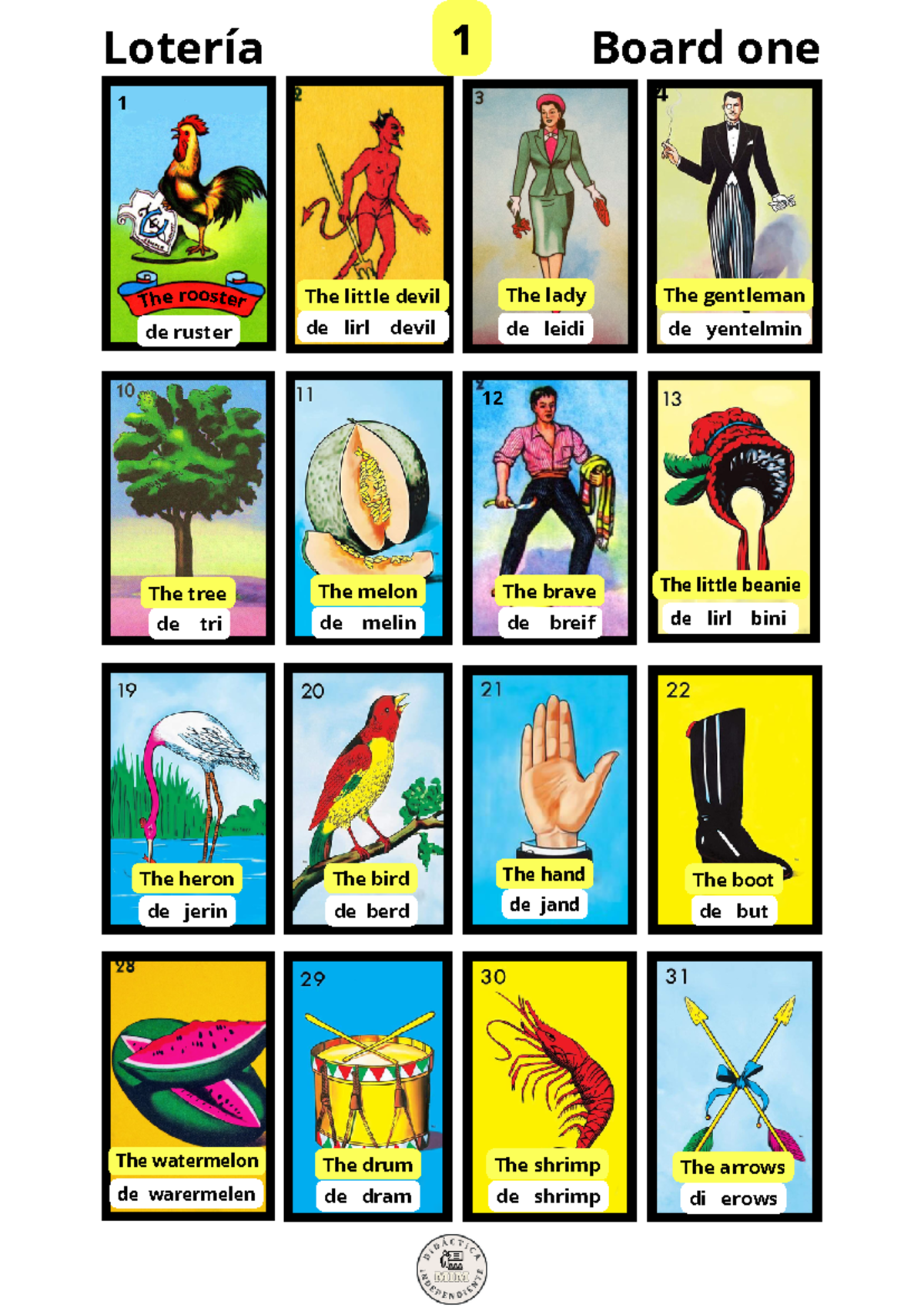 Tablas de Lotería en Inglés: Palabras y Traducciones Completas - Document Preview