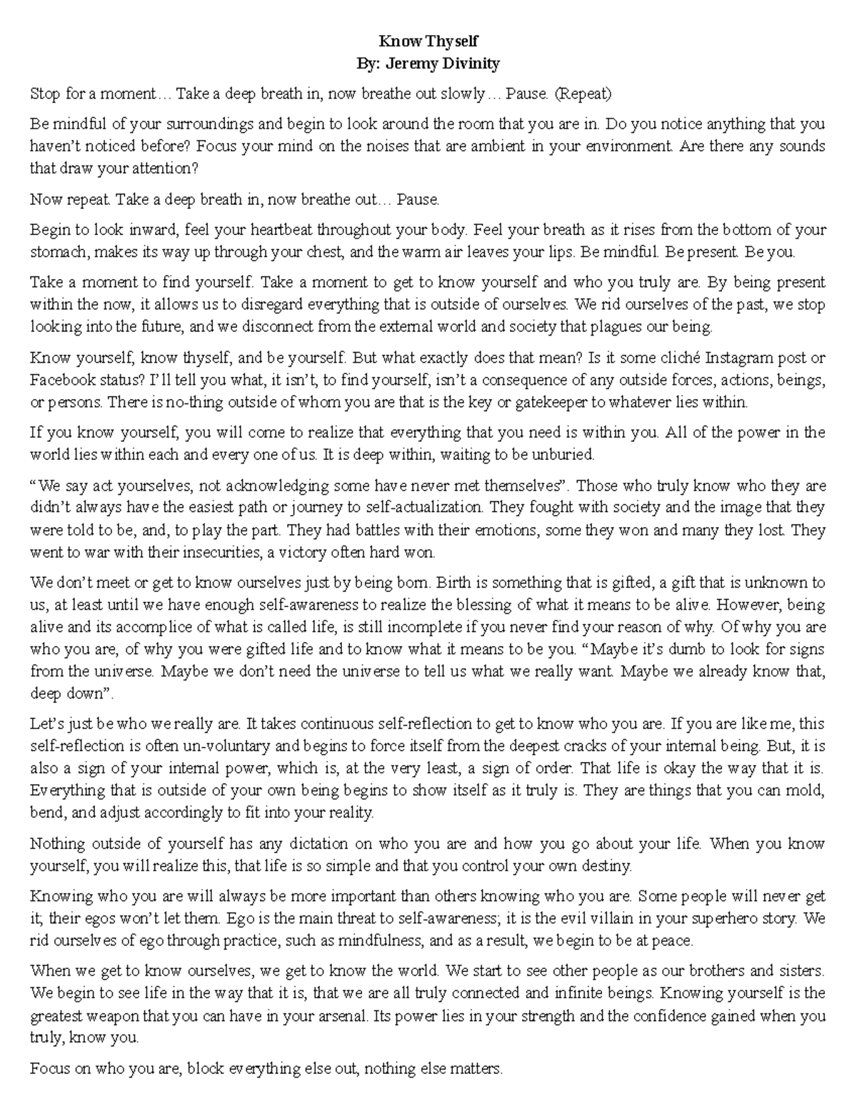 Interpretative Reading Piece: Know Thyself by Jeremy Divinity - Studocu