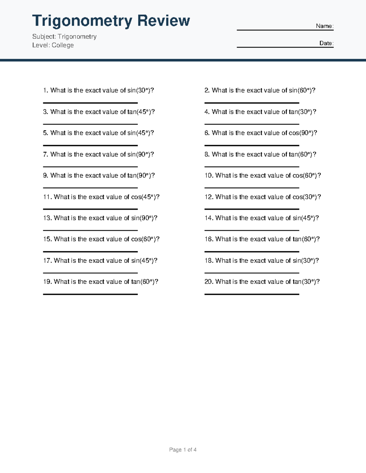 Trigonometry Review (College) - Exact Values & Answer Key - Studocu