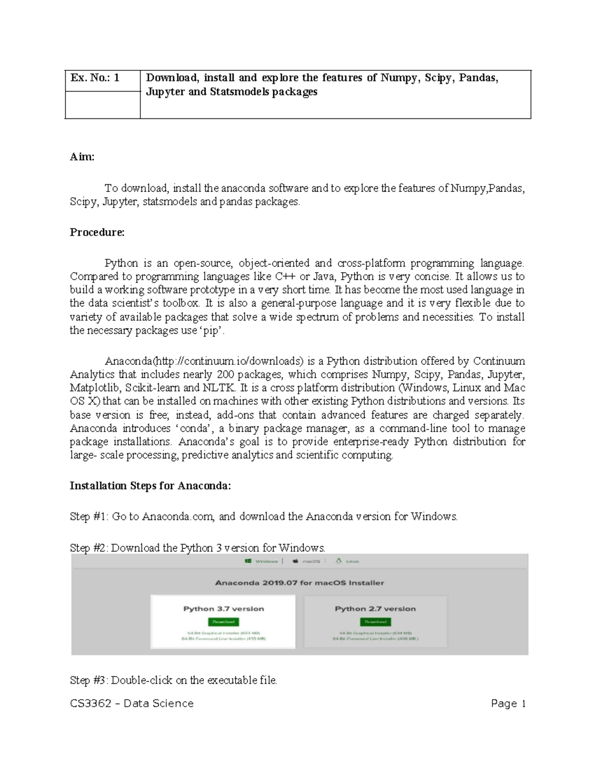 CS3362 – Data Science Lab Manual: Installation and Numpy Basics - Studocu
