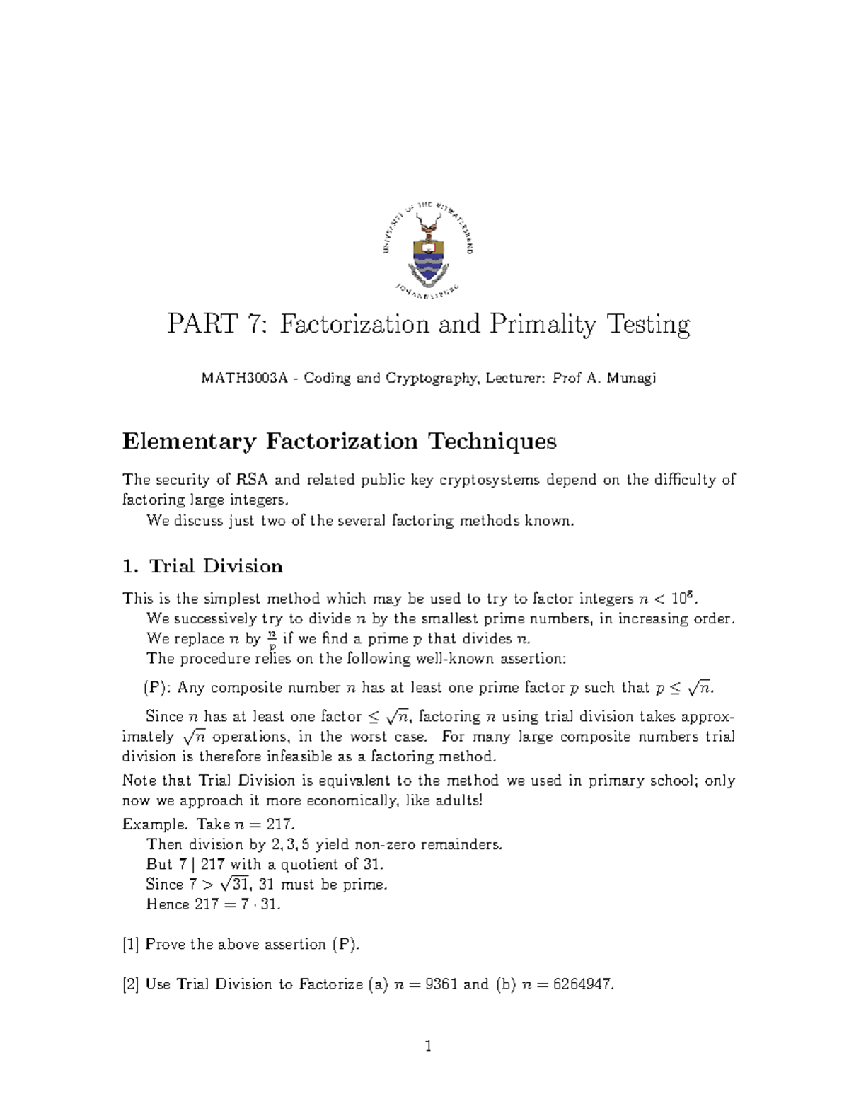 MATH3003A Final Exam Notes: Factorization & Primality Testing - Studocu