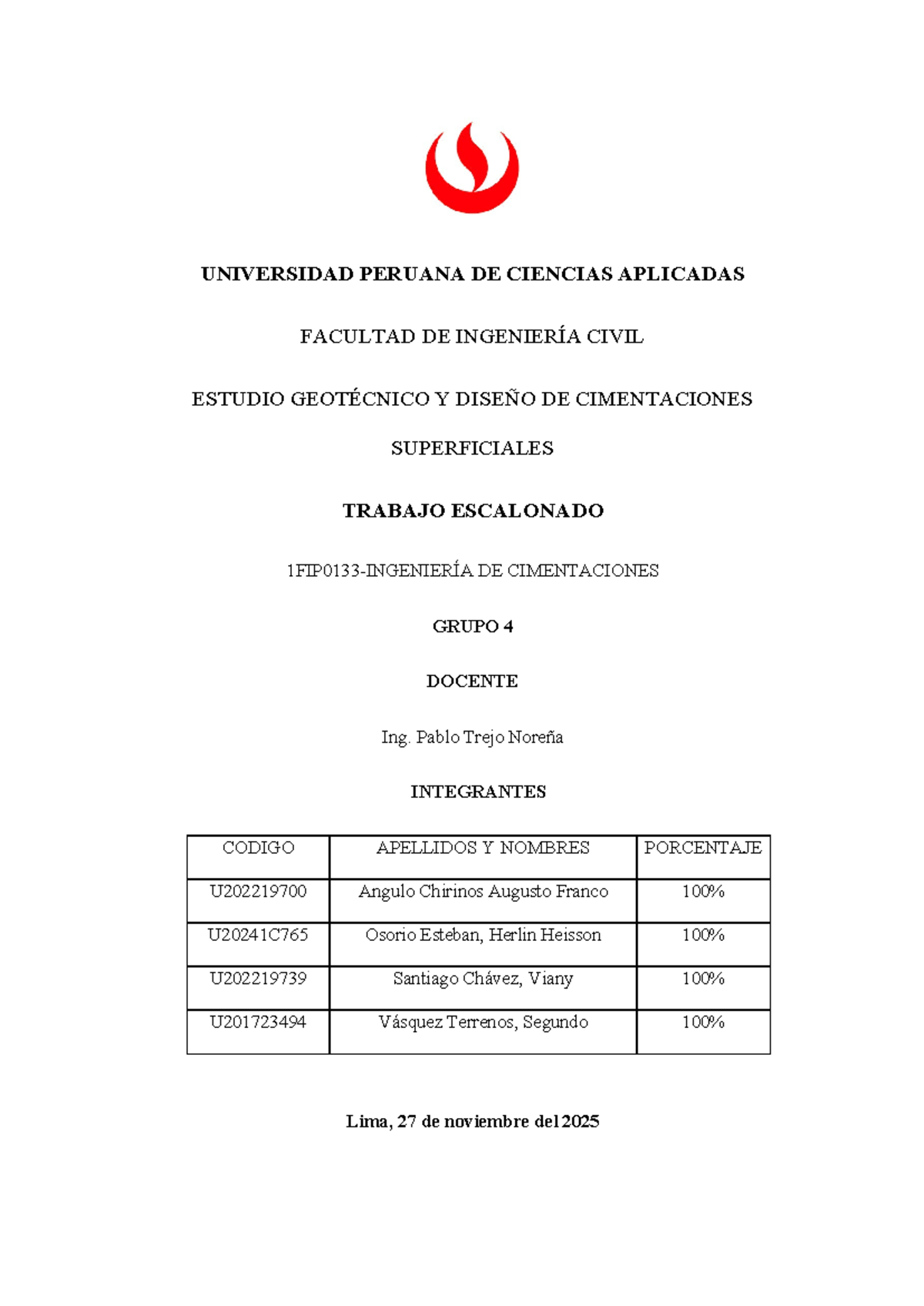 Trabajo Escalonado G4: Estudio Geotécnico y Diseño de Cimentaciones 1FIP0133 - Document Preview