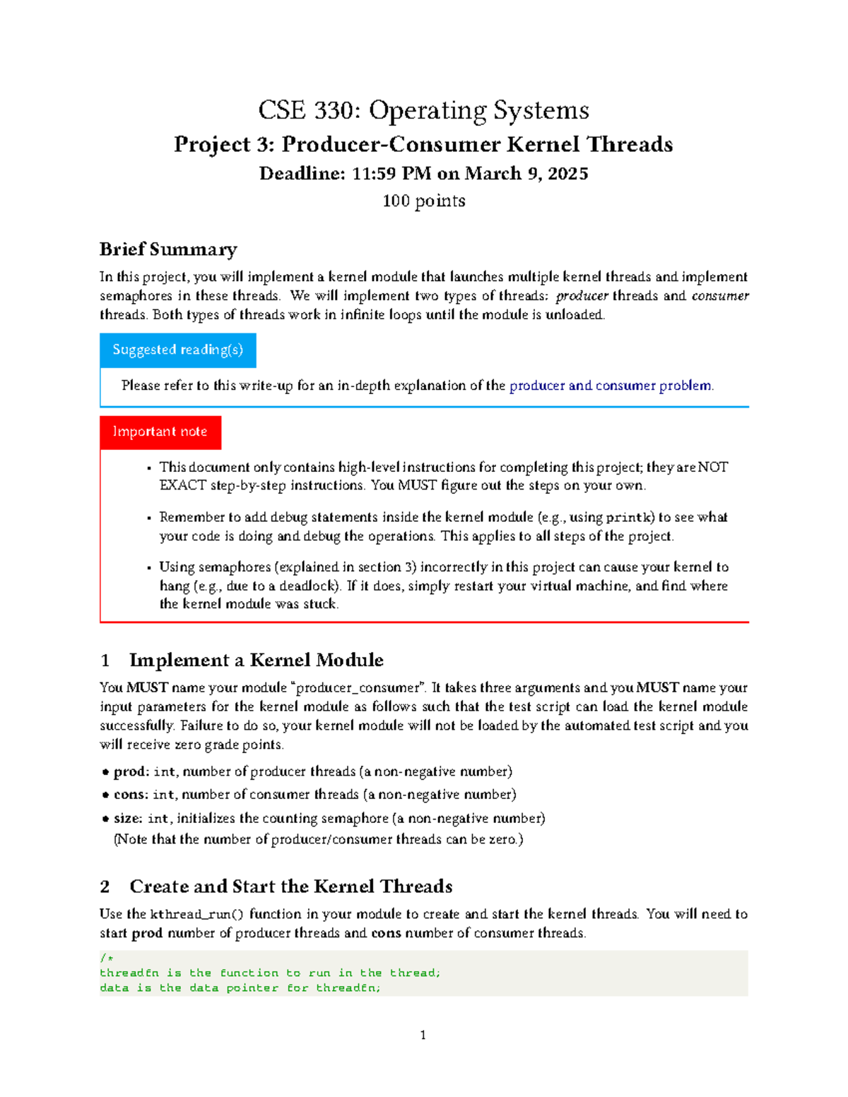 CSE 330 Project 3: Producer-Consumer Kernel Threads Overview - Studocu
