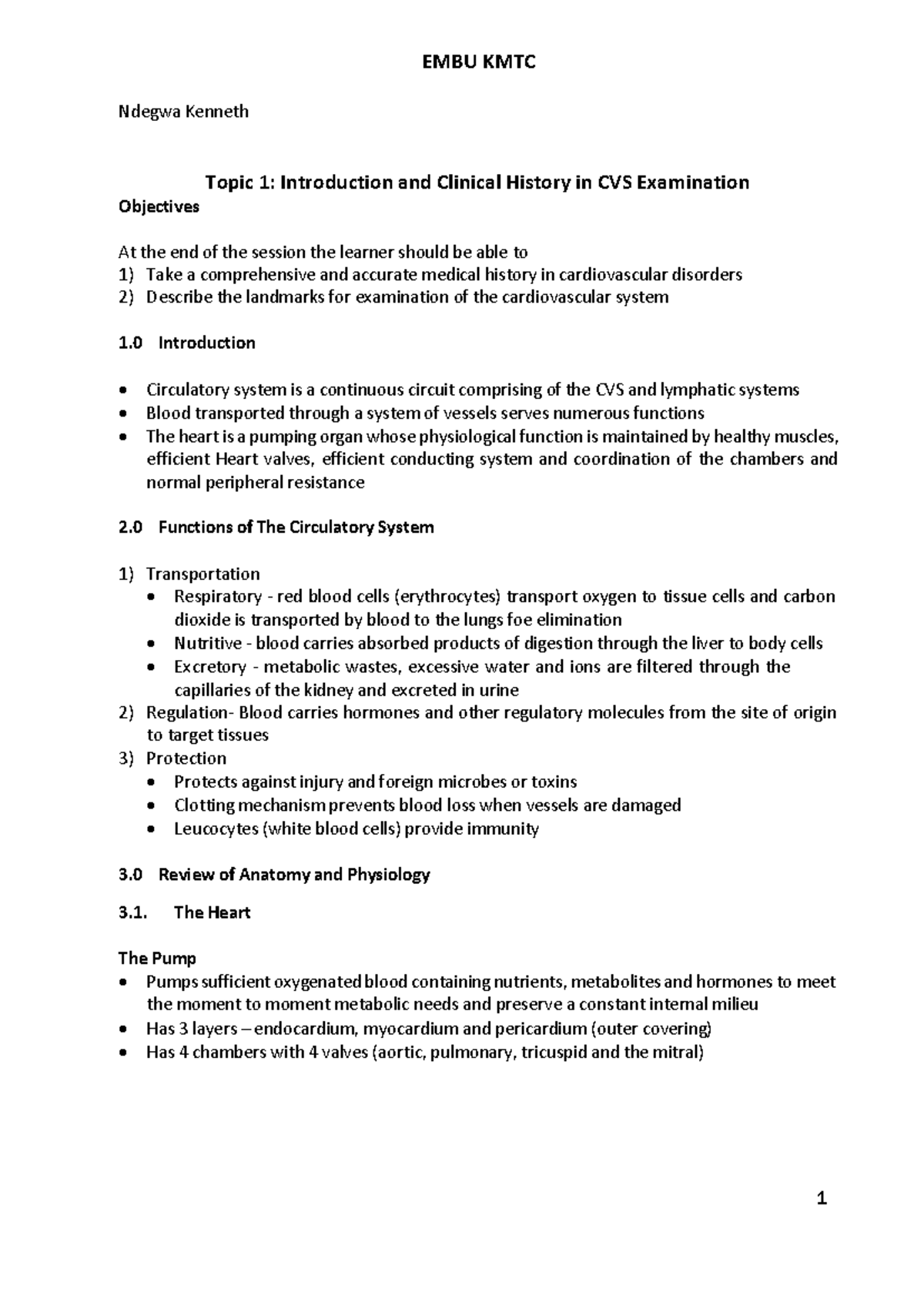 Topic 1- Introduction and Clinical History in CVS Examination - EMBU ...