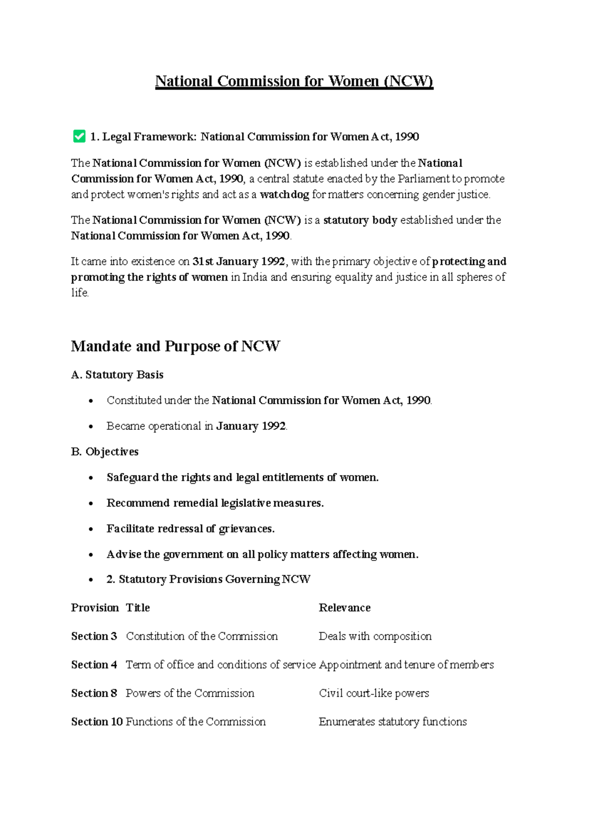 NCW 1: Legal Framework & Functions Under the NCW Act, 1990 - Studocu