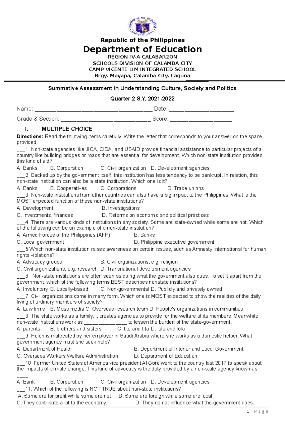 Summative Assessment: Culture, Society, and Politics (2nd Quarter ...
