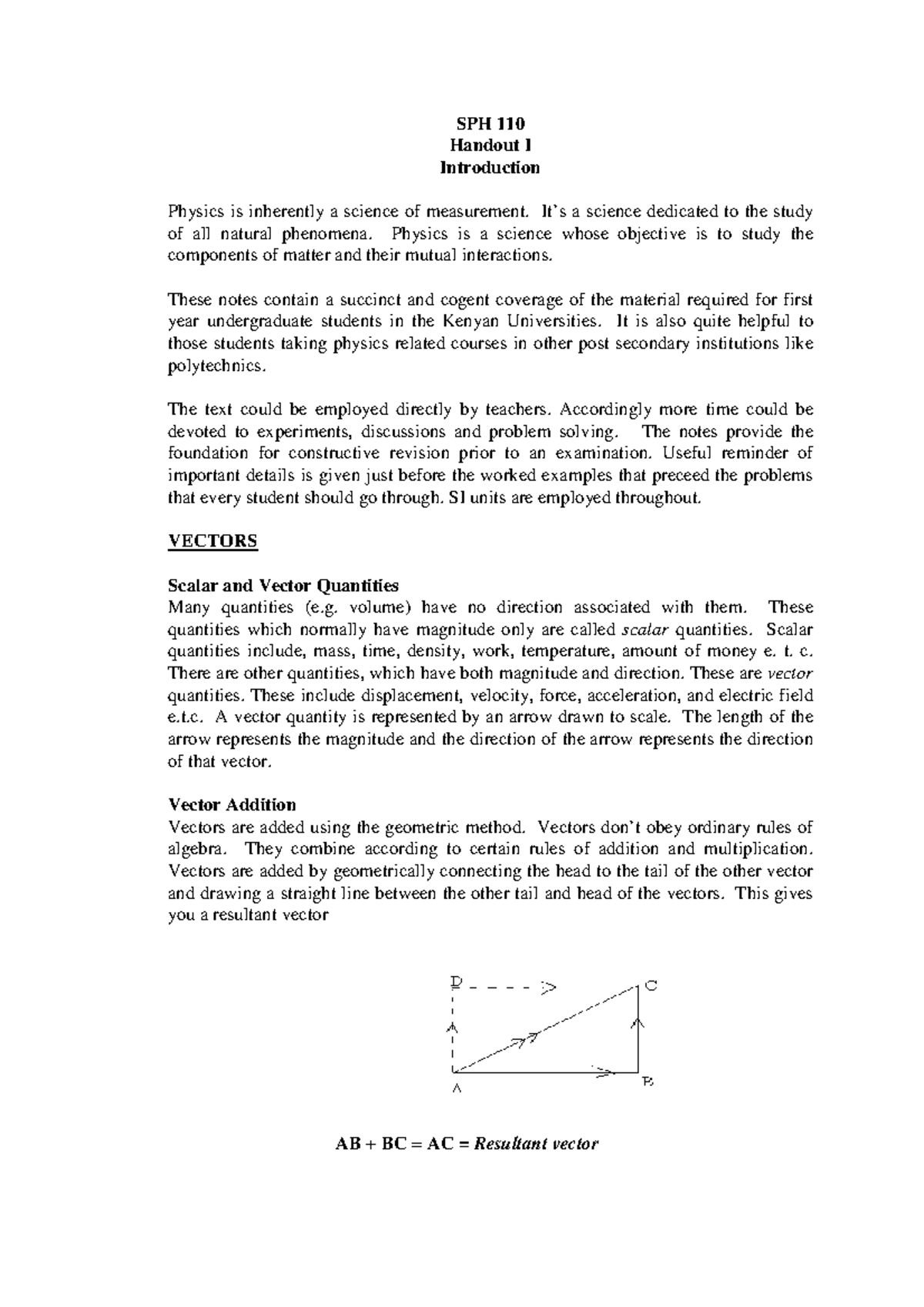 SPH 110: First Year Physics Notes on Vectors and Motion Concepts - Studocu