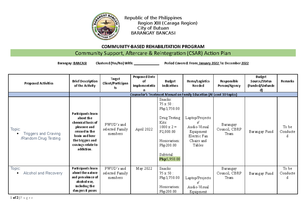 CSAR Action Plan for Community Rehabilitation in Brgy Bancasi - Studocu