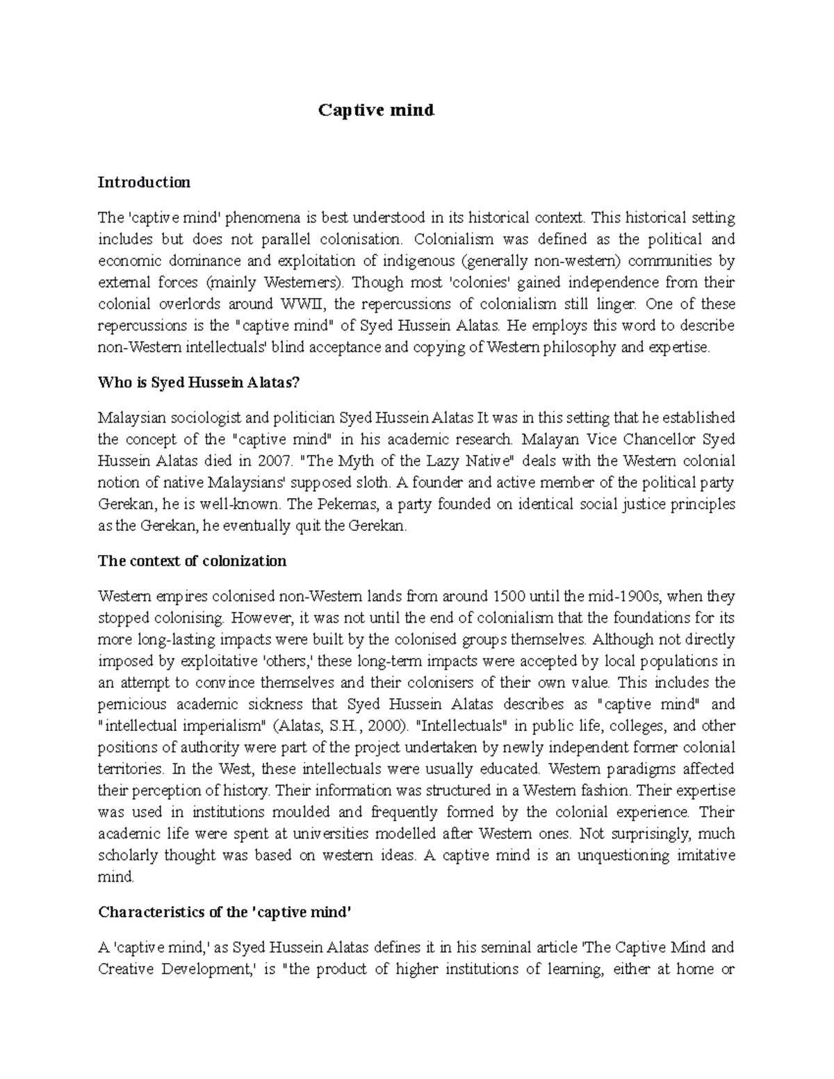 Lecture Notes 8 - The 'Captive Mind' Phenomenon by Syed Hussein Alatas ...