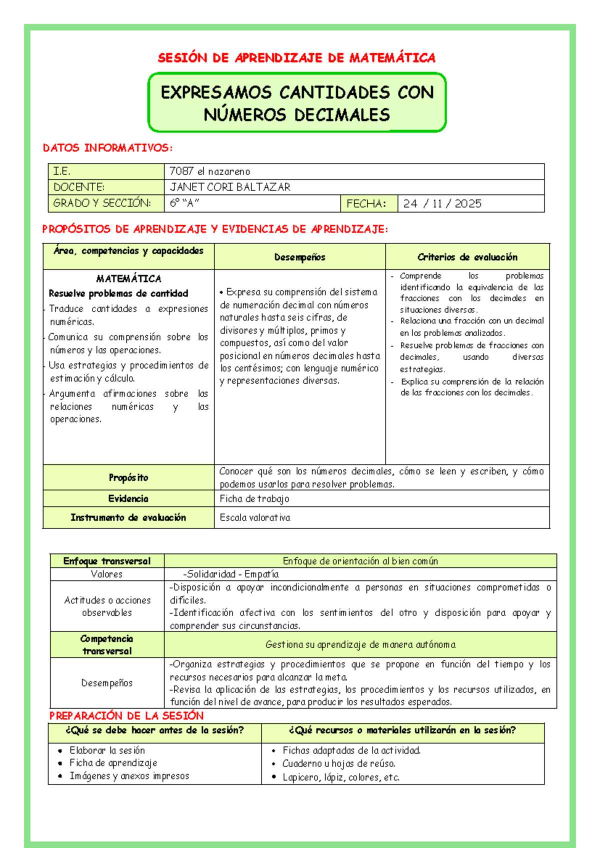 SESION DE APRENDIZAJE DE MATEMÁTICA: NÚMEROS DECIMALES - 6TO GRADO ...