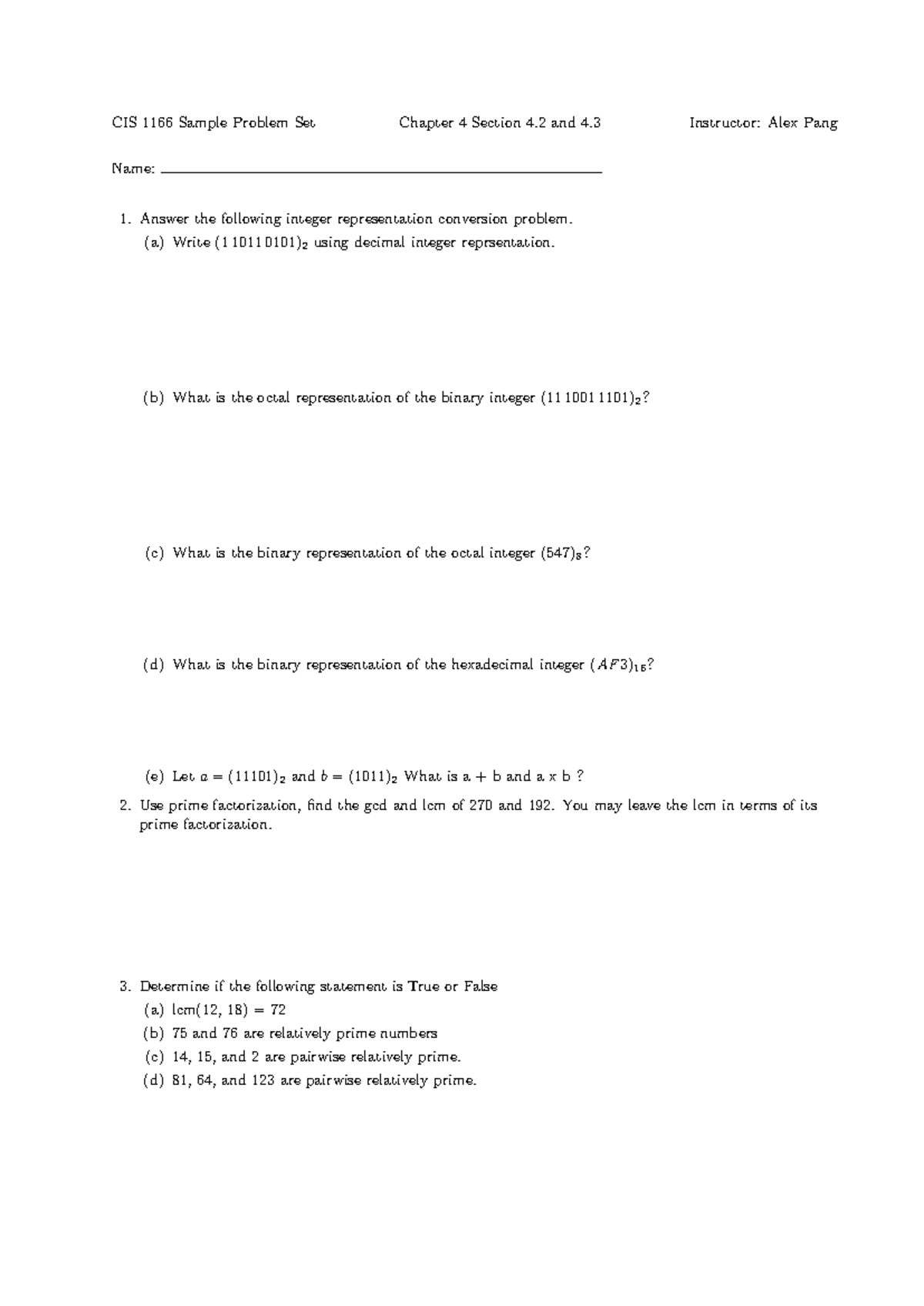 CIS1166 SPS 8 - Practice Problems for Integer & Factorization Concepts ...