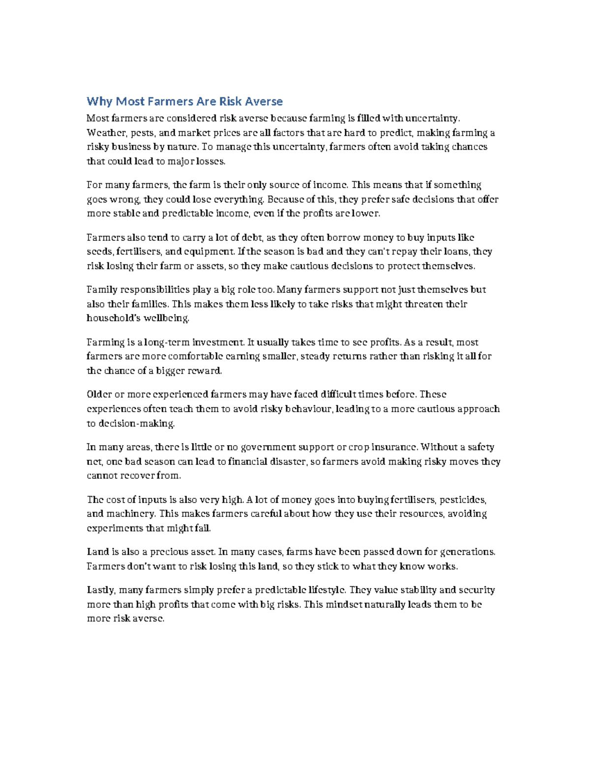 Understanding Farmers' Risk Aversion: Factors & Implications - Studocu