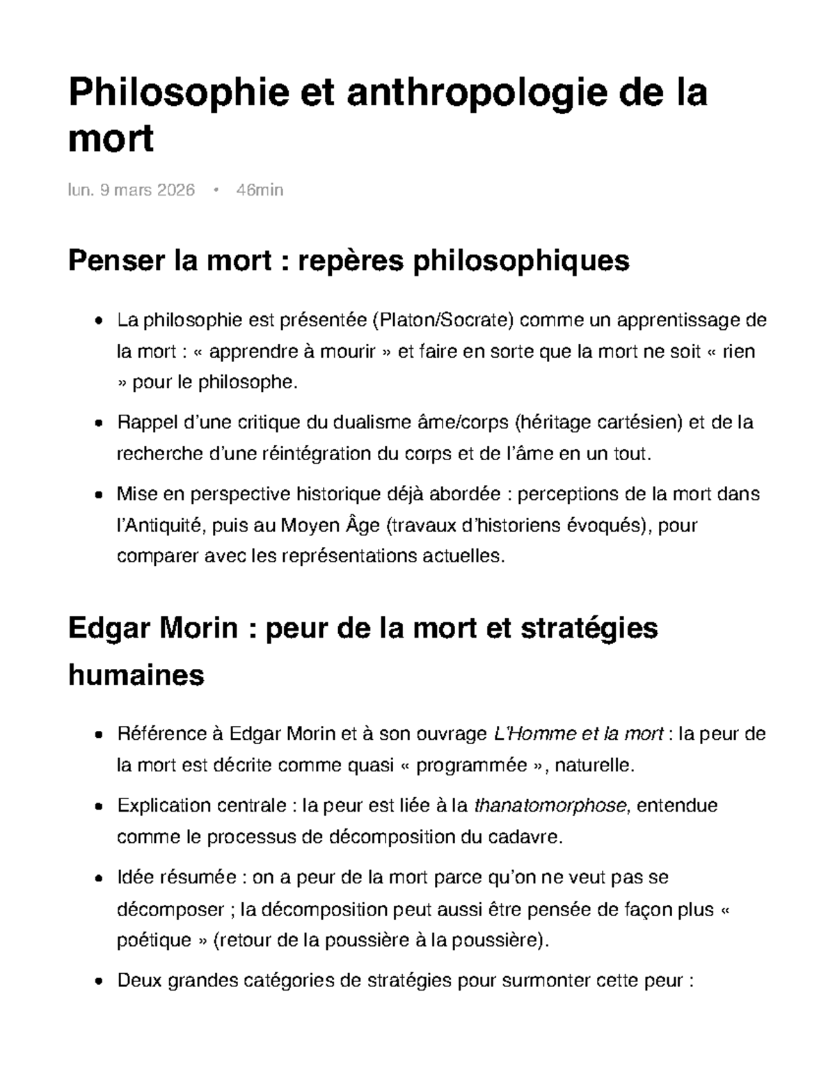 Philosophie et Anthropologie de la Mort - Cours LUN 9 Mars 2026 - Studocu