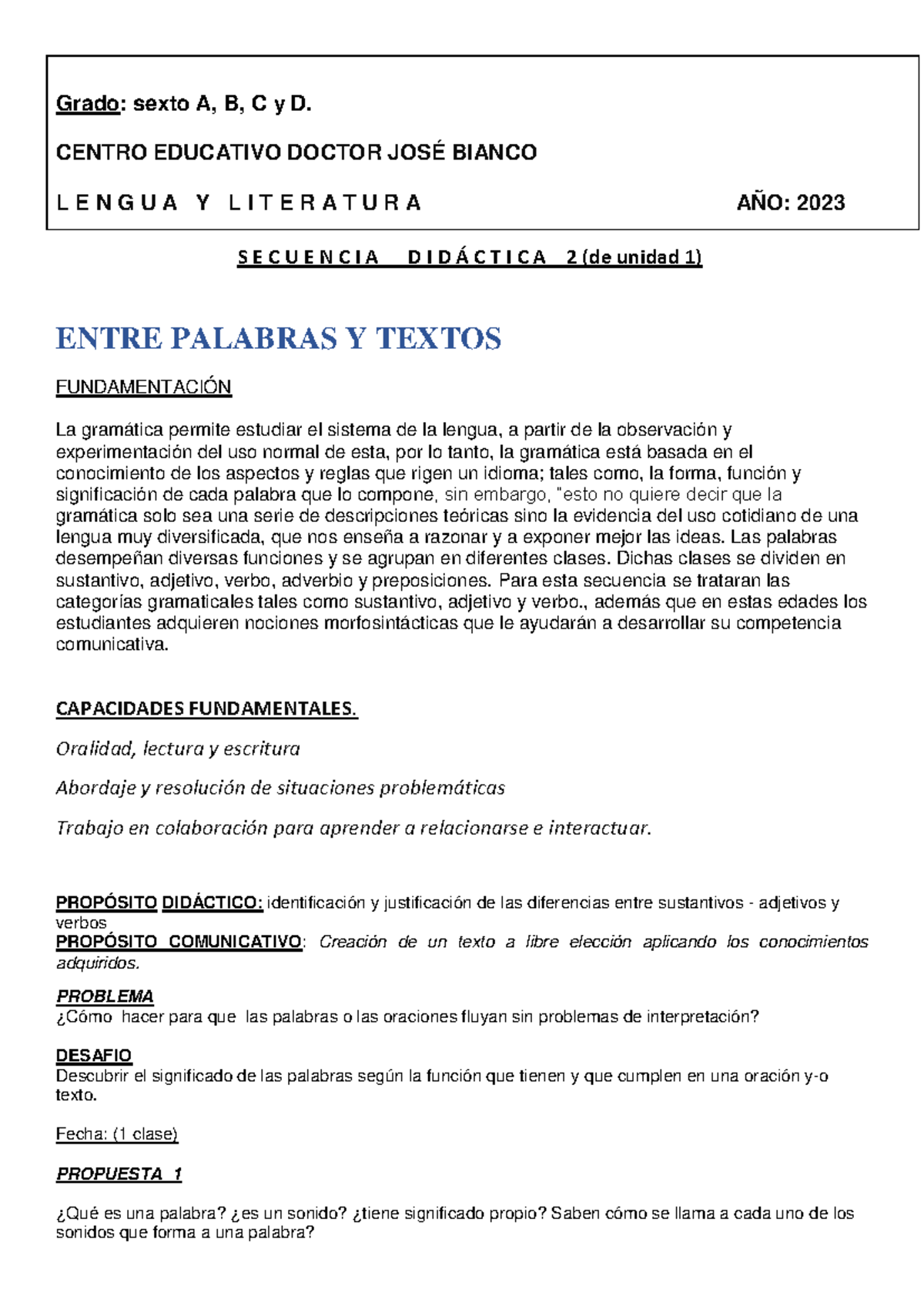 Secuencia 2 de Unidad 1: Clases de Palabras en Lengua y Literatura ...