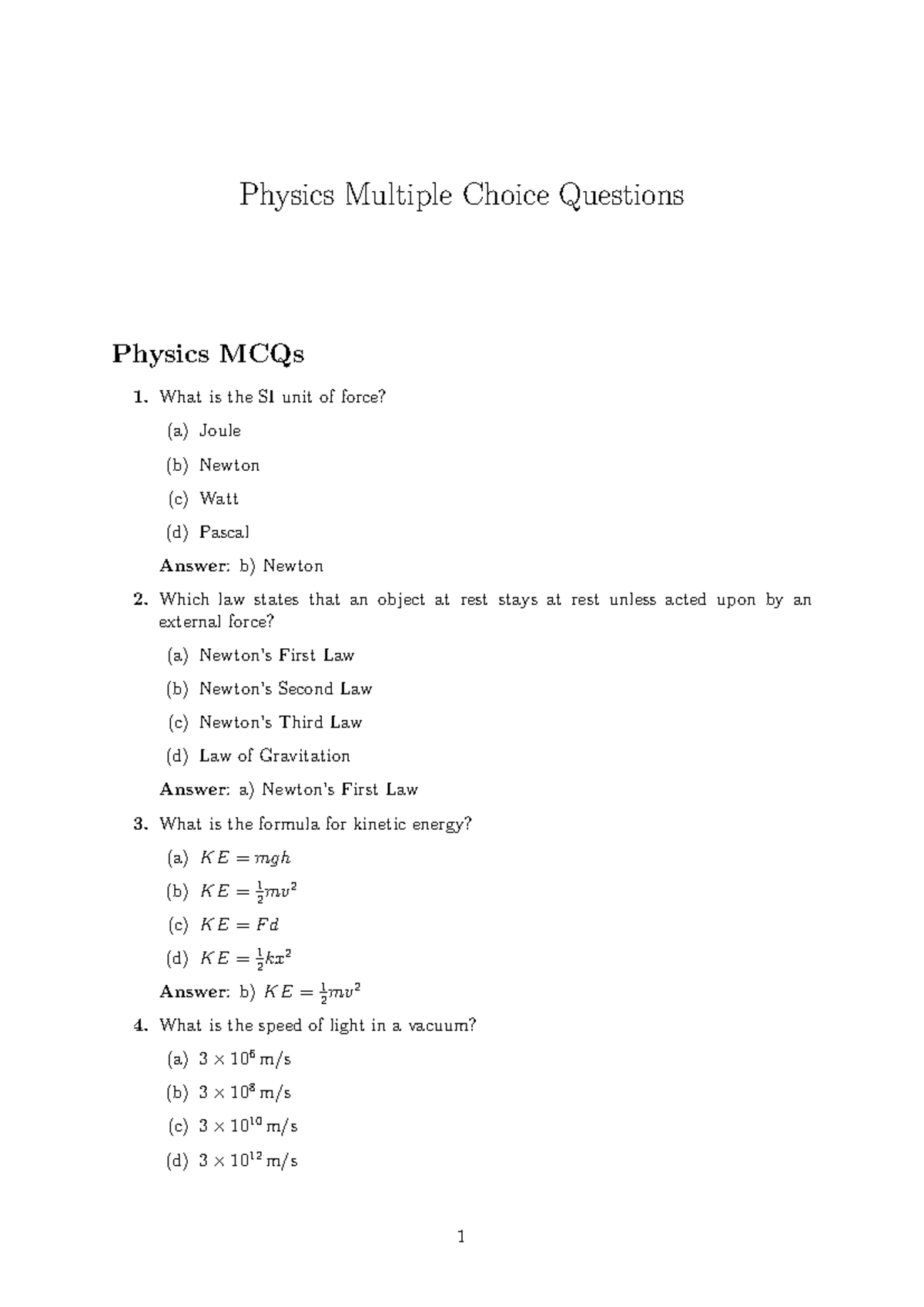 Physics MCQs for Exam Eba4249c: Force, Energy & Light - Studocu