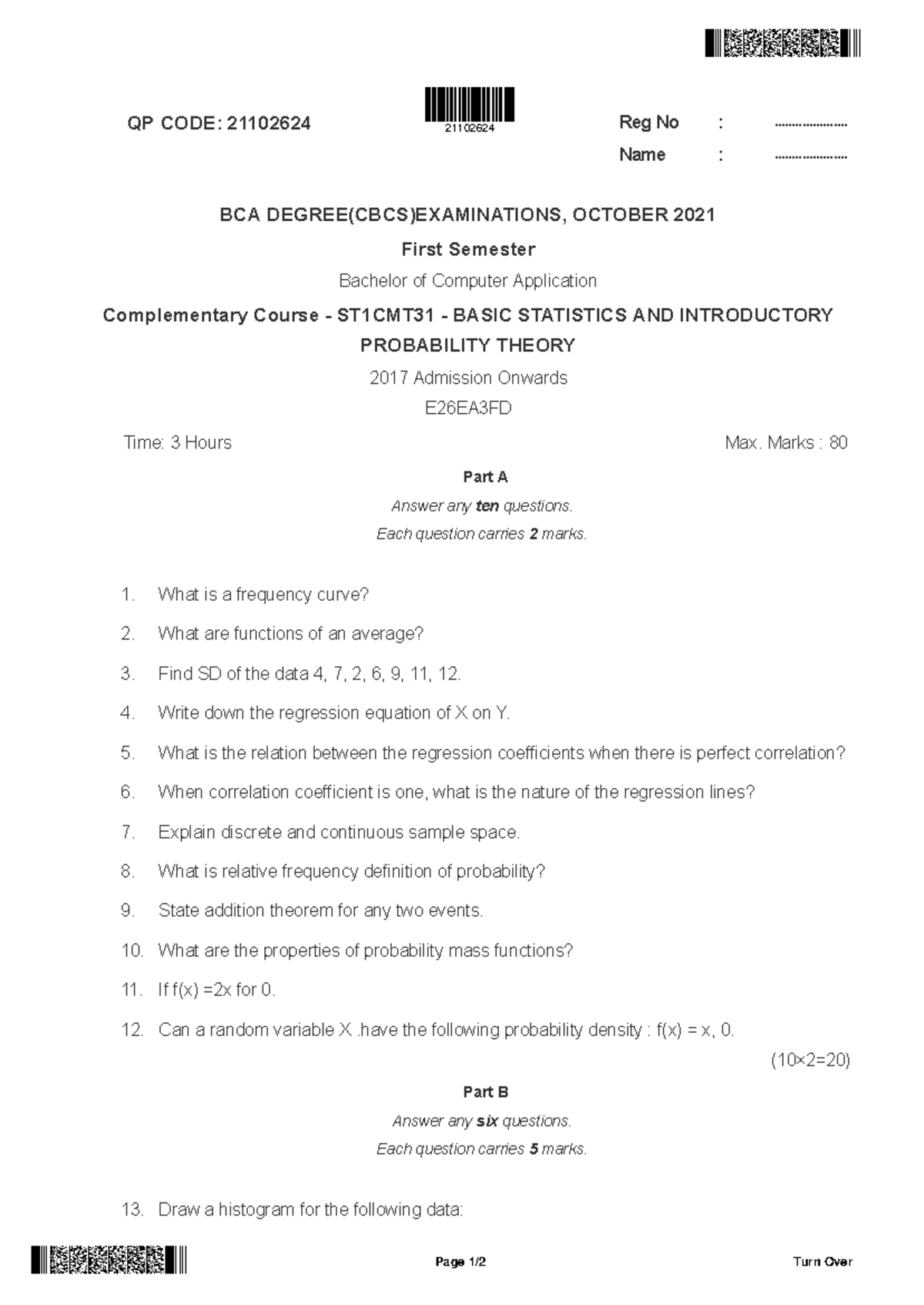 BCA I Sem - Basic Statistics & Introductory Probability Theory Exam QP ...