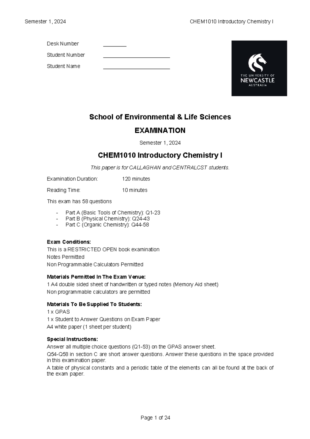 CHEM1010 - Semester 1 2024 - Introductory Chemistry I Final Exam - Studocu