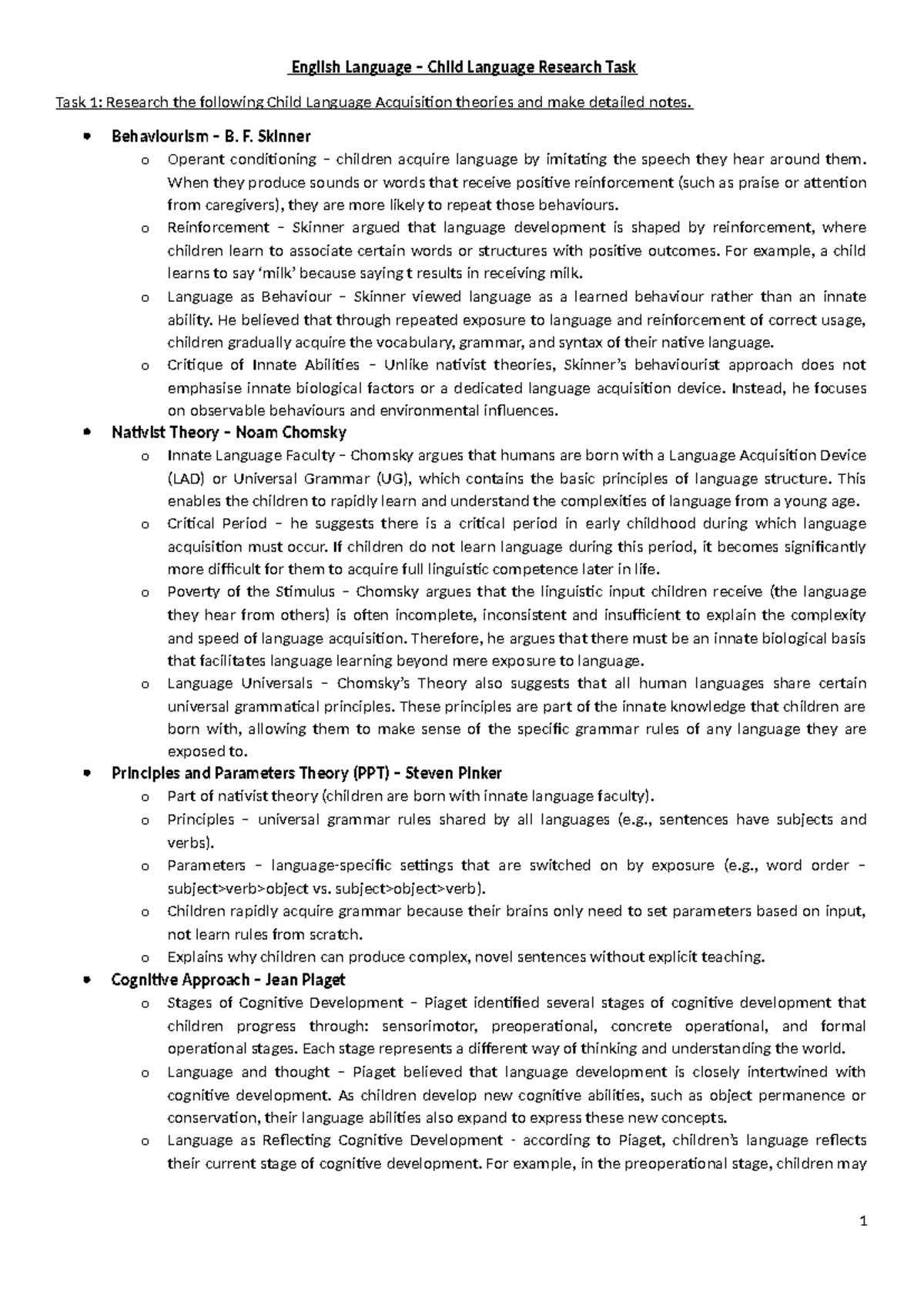 ENG 2026 Child Language Acquisition Theories Research Task Notes - Studocu