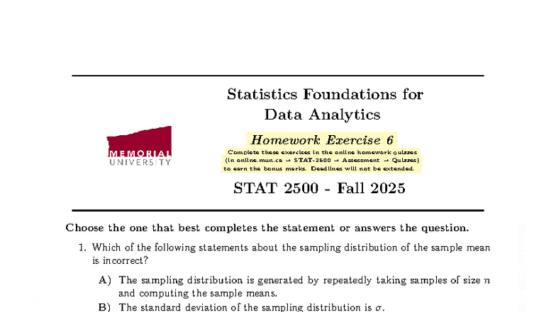 Statistics Foundations for Data Analytics Homework Exercise 6 ...
