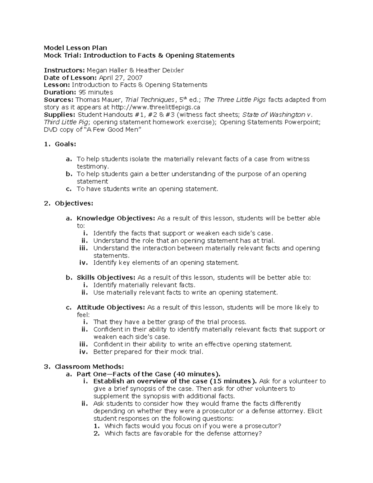 Model Lesson Plan: Mock Trial - Opening Statements (CRS 101) - Studocu