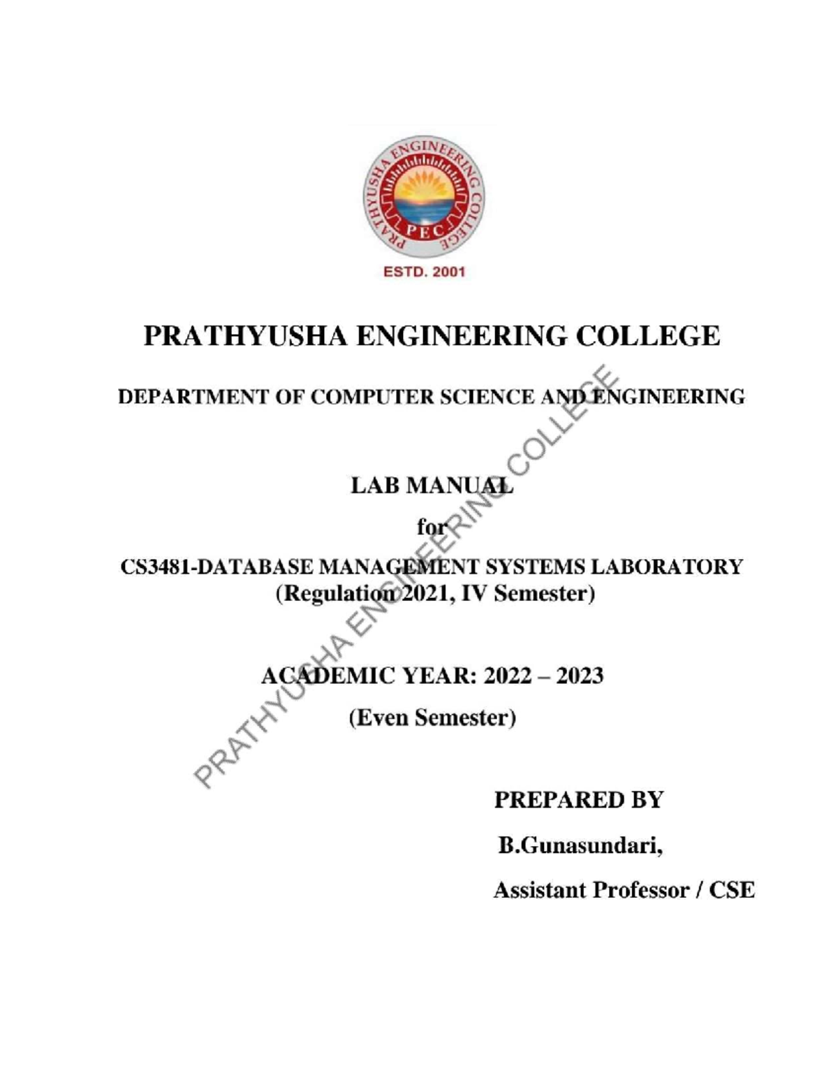 Dbms lab - it's usefull - O PEGOR ESTD. 2001 PRATHYUSHA ENGINEERING ...