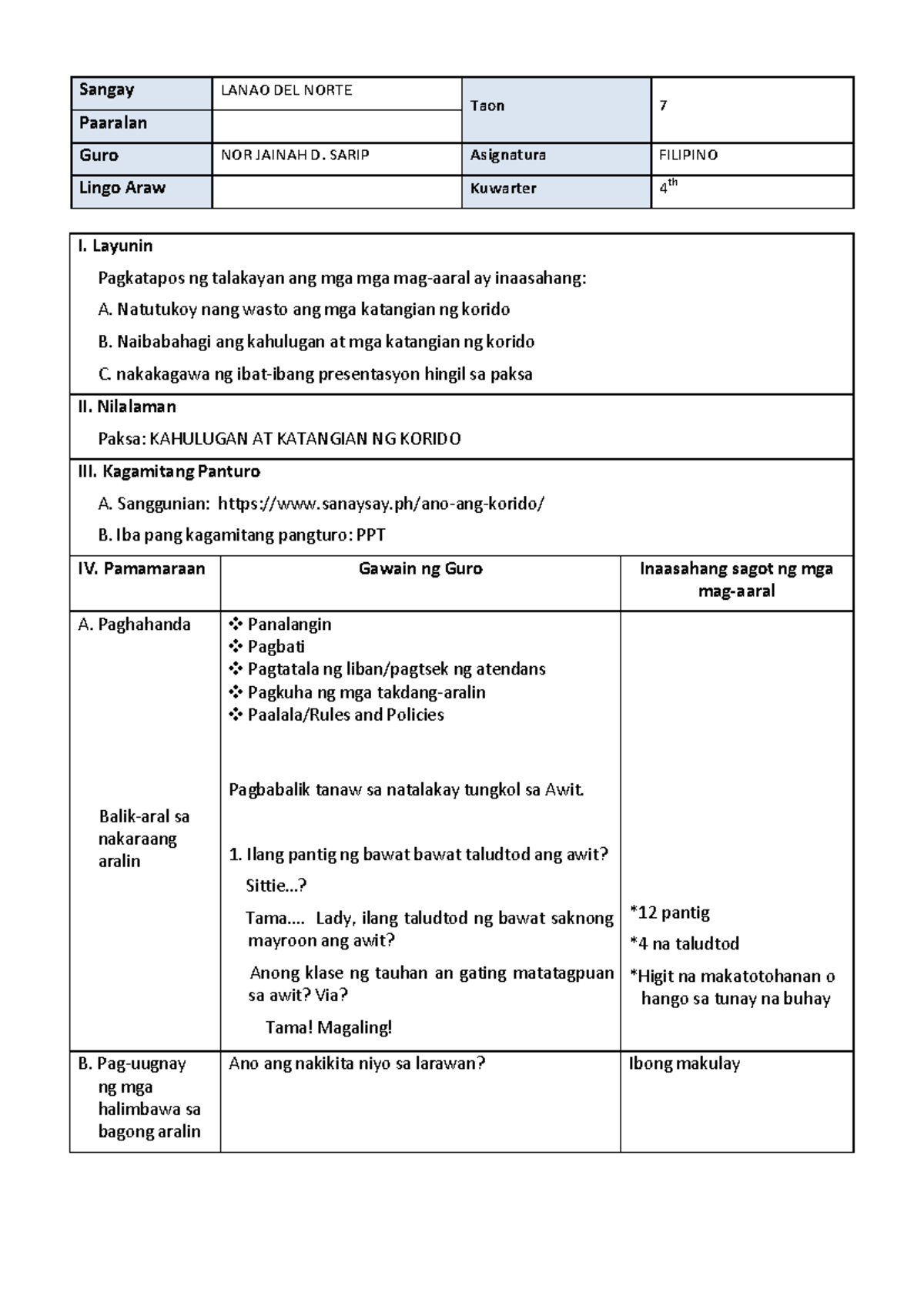 Lesson Plan: Kahalagahan at Katangian ng Korido (Filipino 7) - Studocu