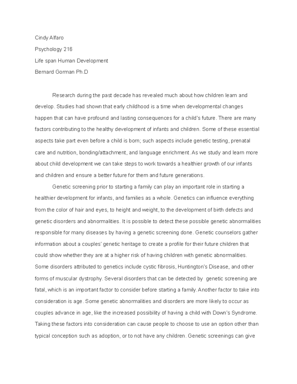 Psychology 216: Human Development Assignment on Early Childhood Growth ...