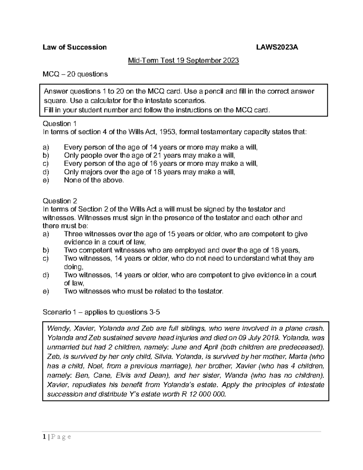 LAWS2023A Mid-Term Test Practice: Succession Law Past Questions - Studocu