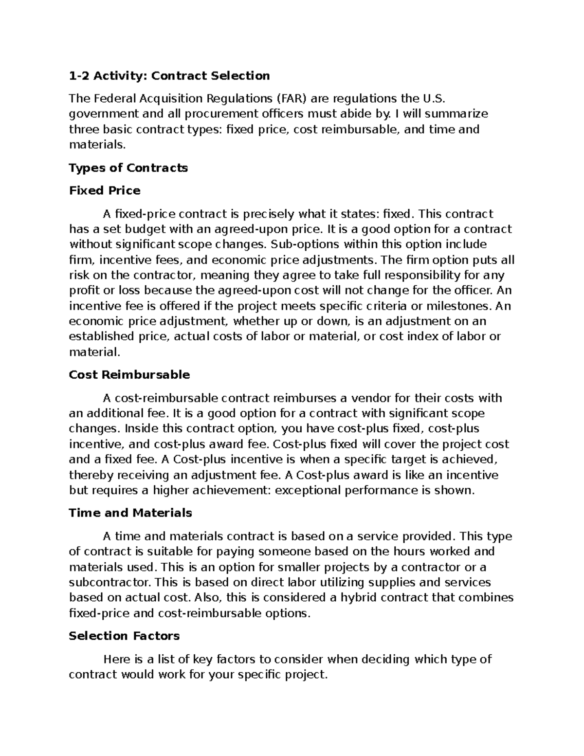 Activity 1-2: Contract Selection Overview and Types - Studocu