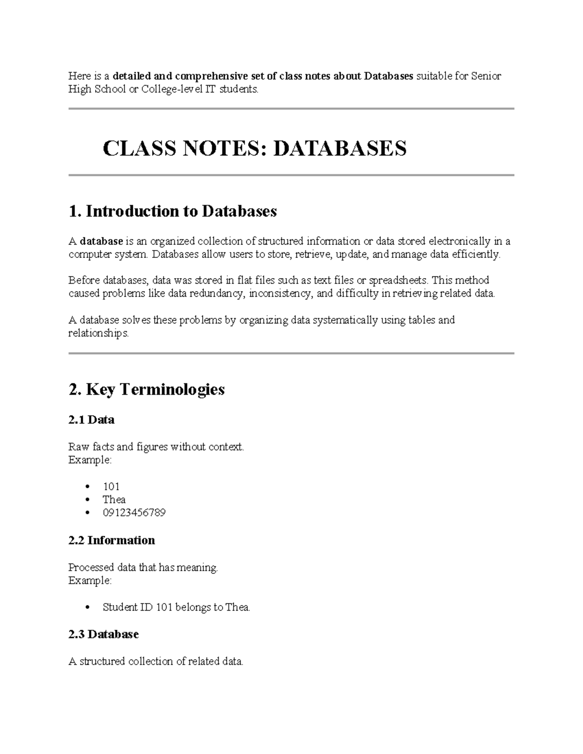 Class Notes: Databases for Senior High School IT Students - Studocu