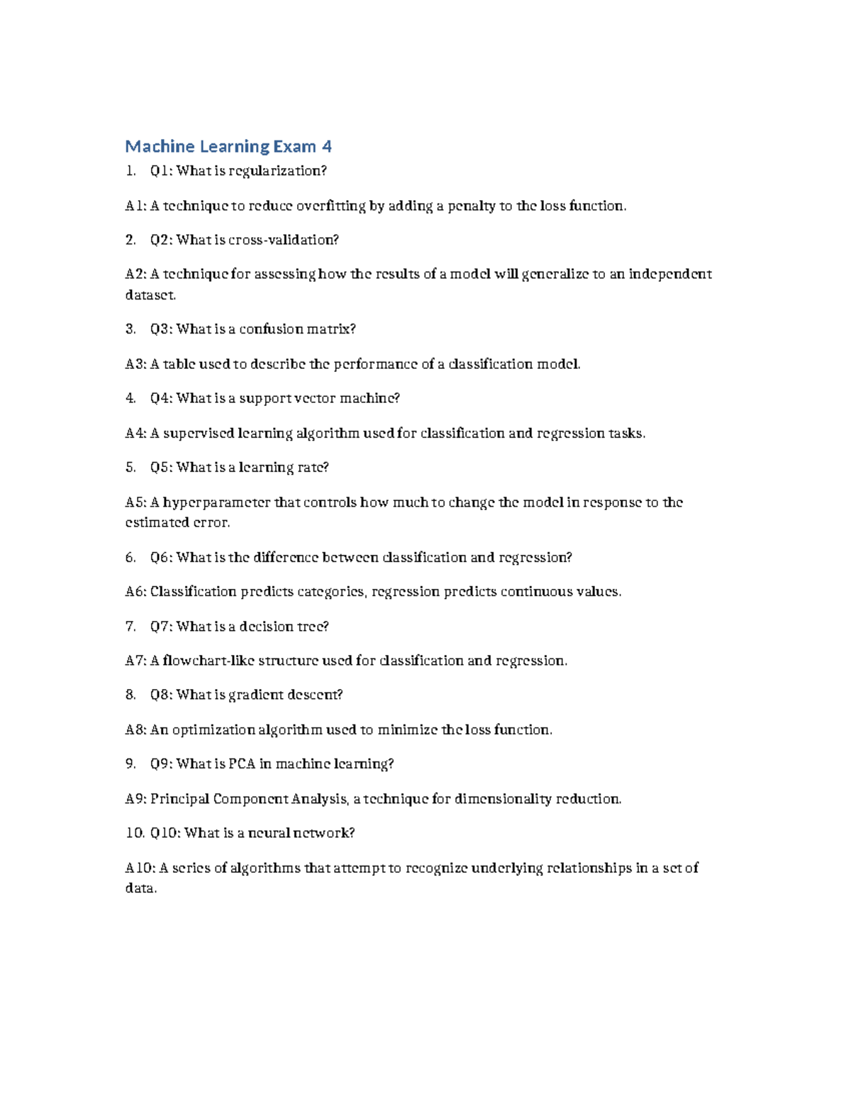 Machine Learning (ML) Exam 4: Key Concepts and Definitions - Studocu