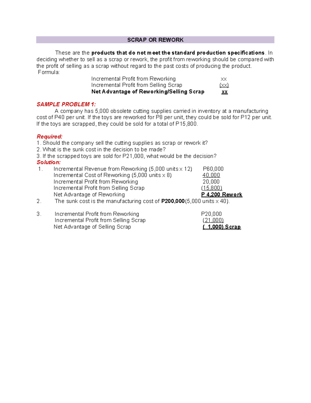 SBA-Sor D - Notes on Scrap vs. Rework Decision Analysis - Studocu