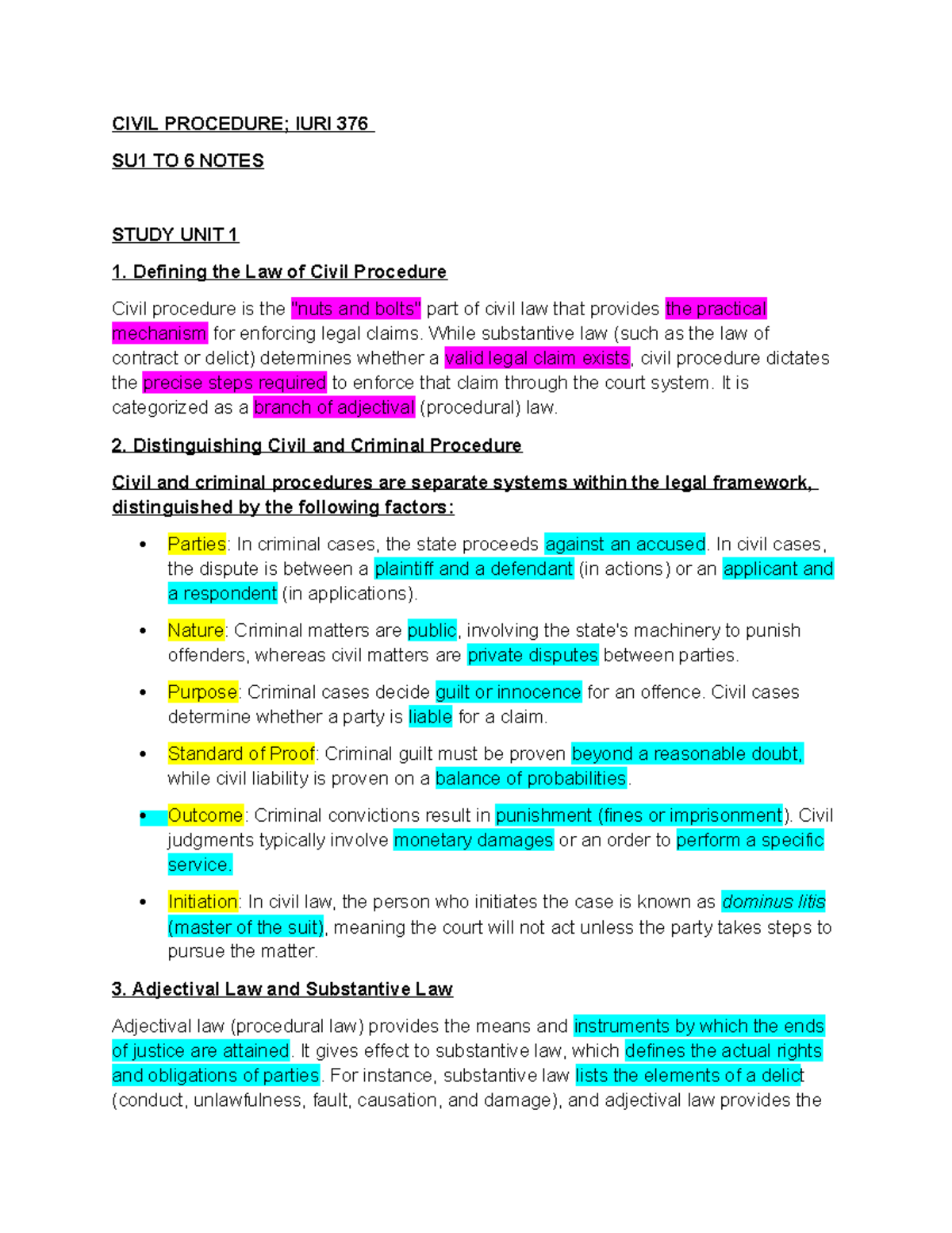 Civil LAW SU1-6: Comprehensive Notes on Civil Procedure Units 1-5 - Studocu