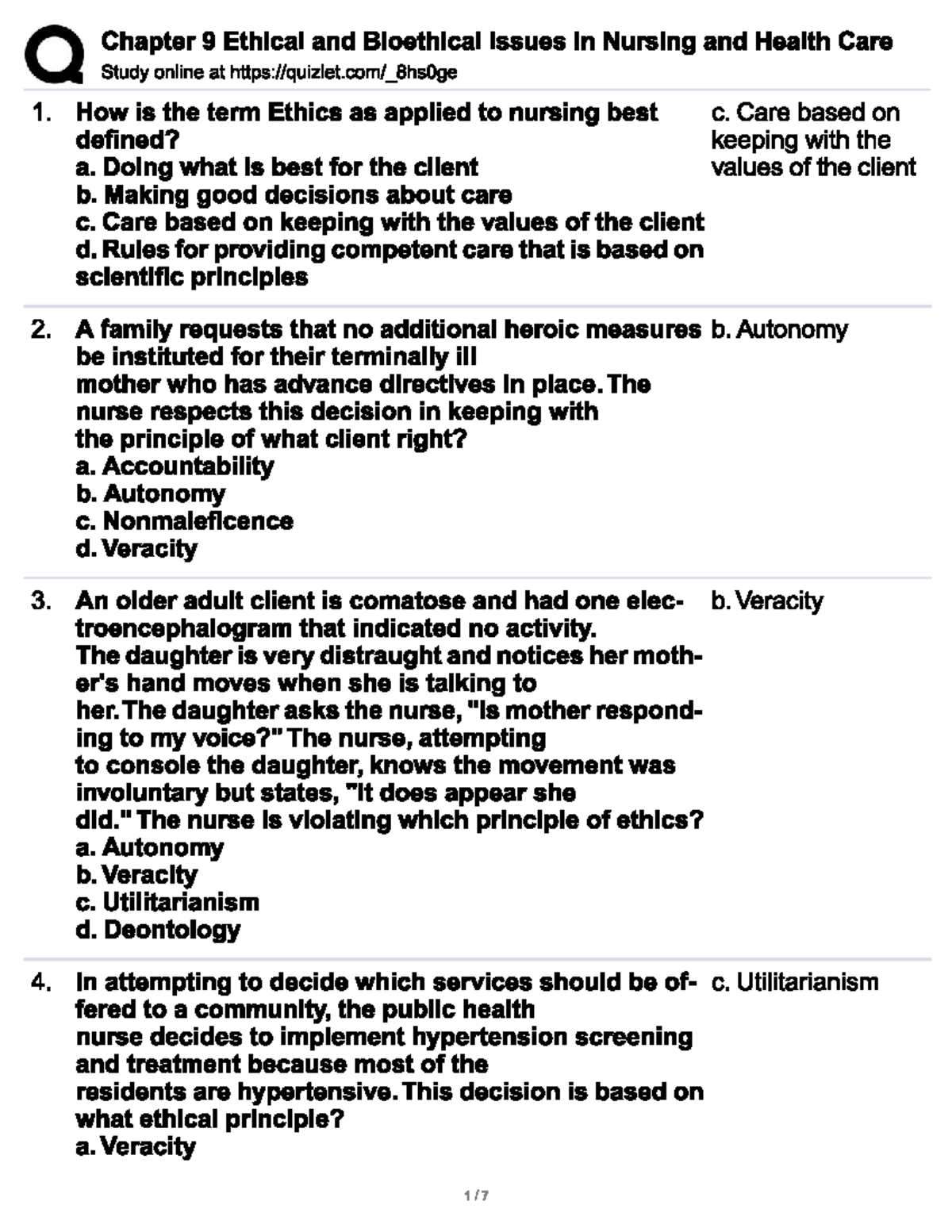 Q Chapter 9 Ethical and Bioethical Issues in Nursing and Health Care ...