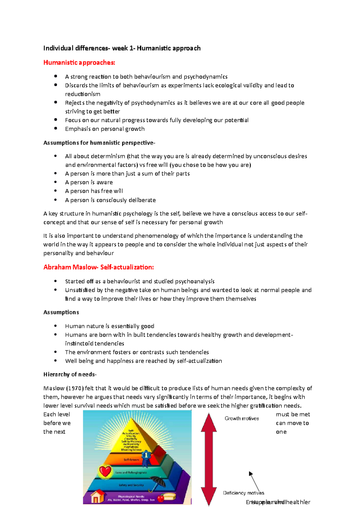 Humanistic Approaches and Hierarchy of Needs - Studocu