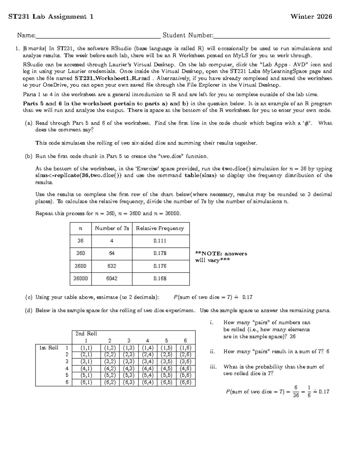 ST231 Lab Assignment 1 Solutions - Winter 2026 - Studocu