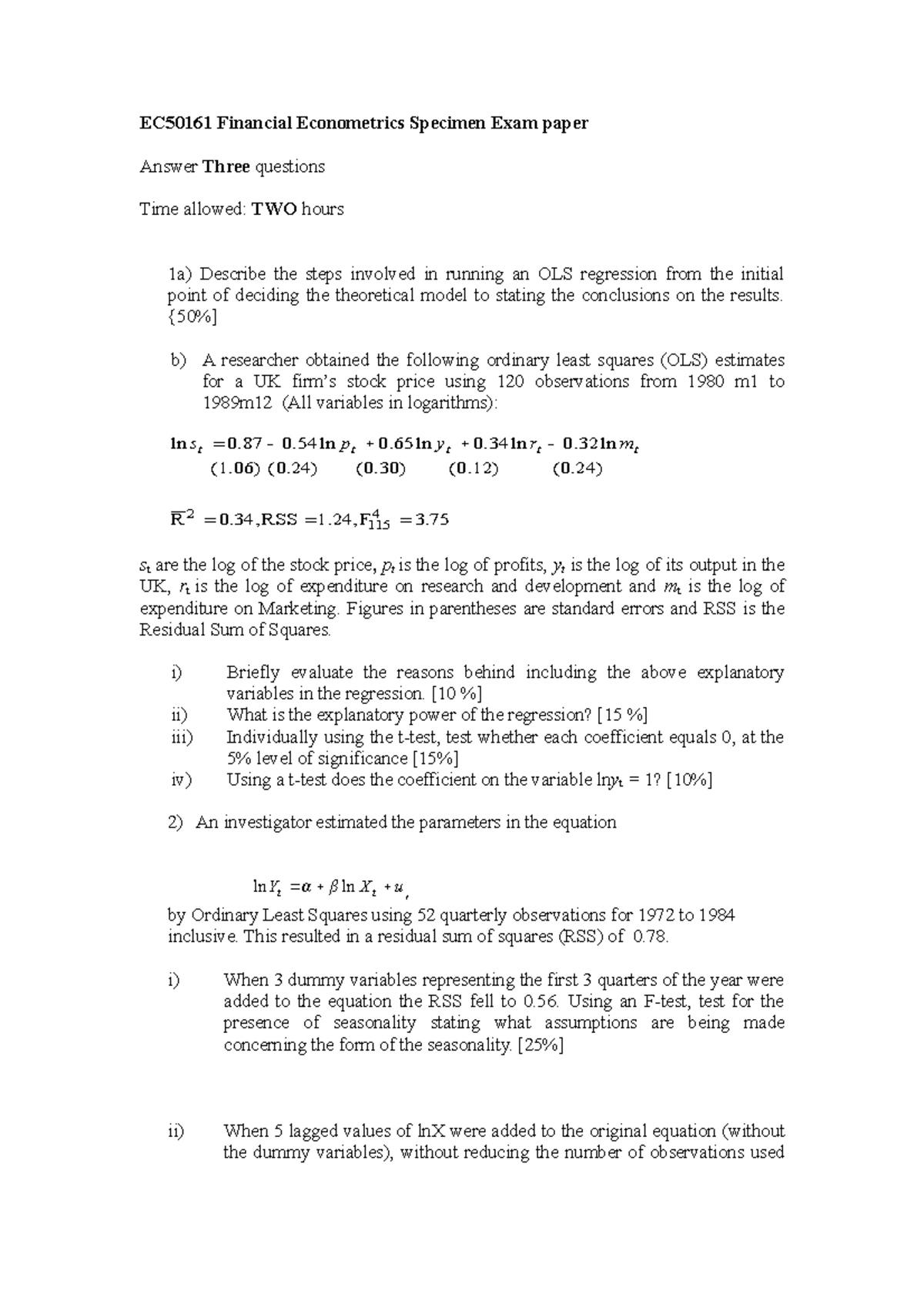 EC50161 Financial Econometrics Final Exam April 2017: Q&A Guide - Studocu
