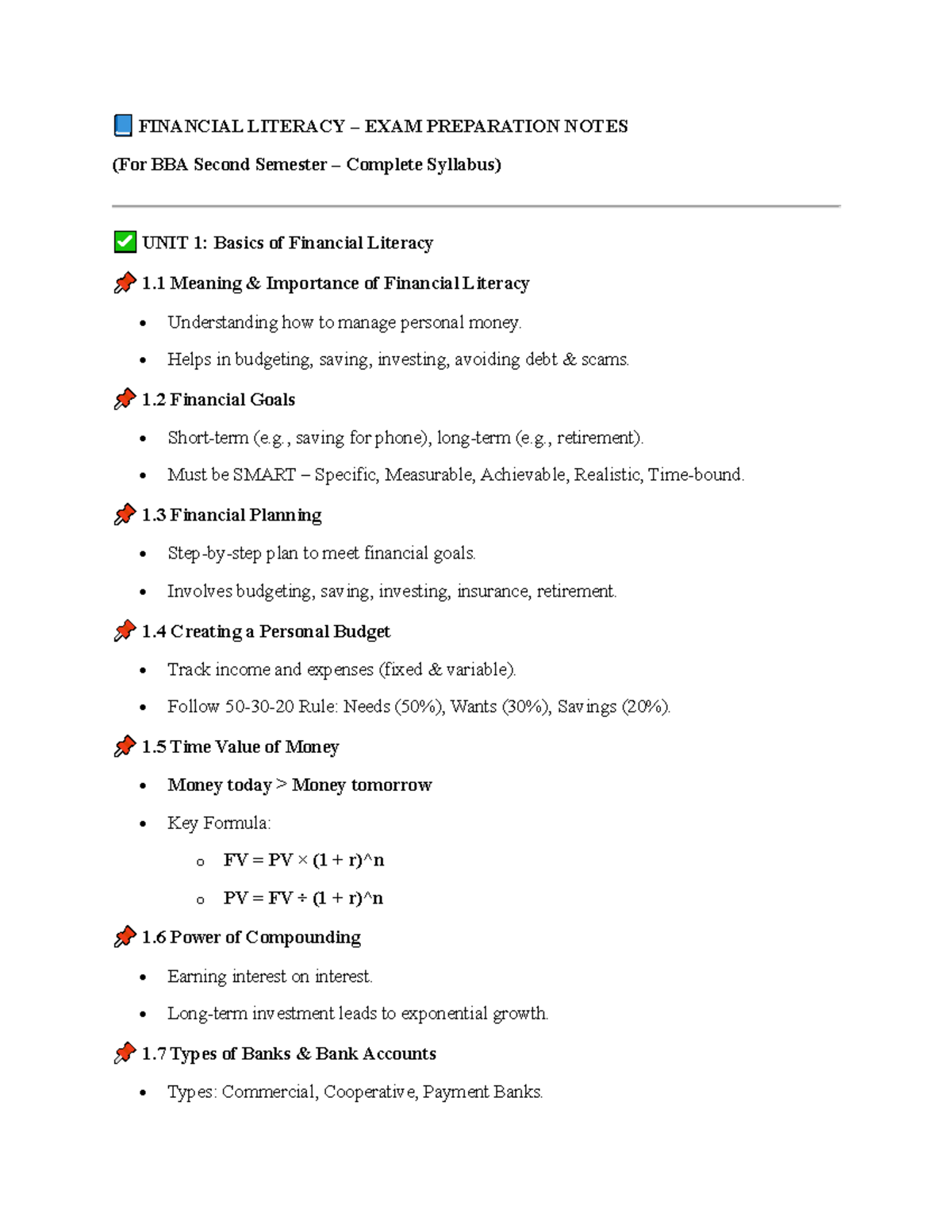 FIN 201: Financial Literacy Exam Prep Notes for BBA 2nd Sem Syllabus ...