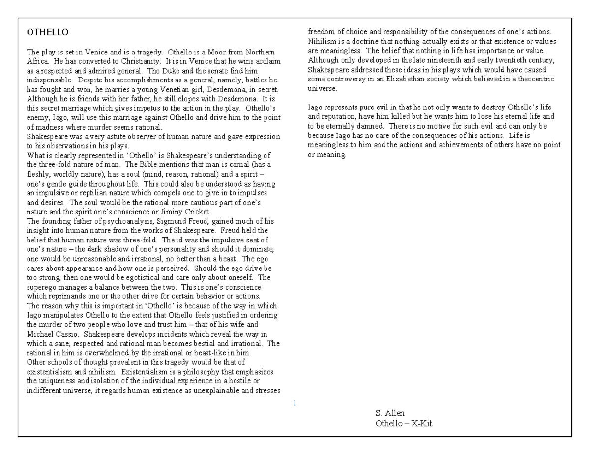 Othello Notes - Very helpful and useful - OTHELLO The play is set in ...