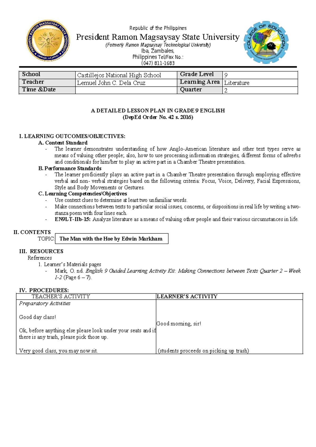 Detailed Lesson Plan for Grade 9 English - Literature (DepEd Order 42 ...