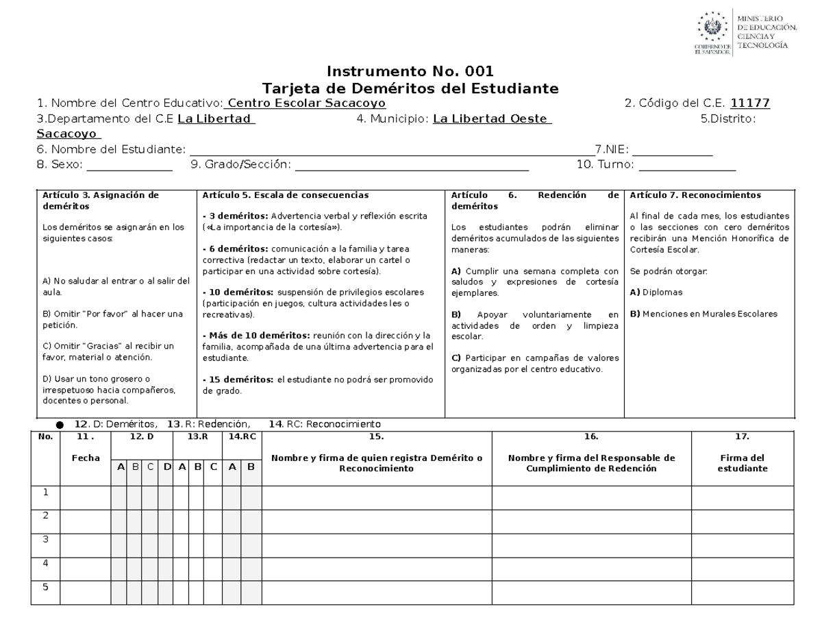 Instrumento No. 001-002-003: Tarjeta de Deméritos y Registro Mensual - Document Preview