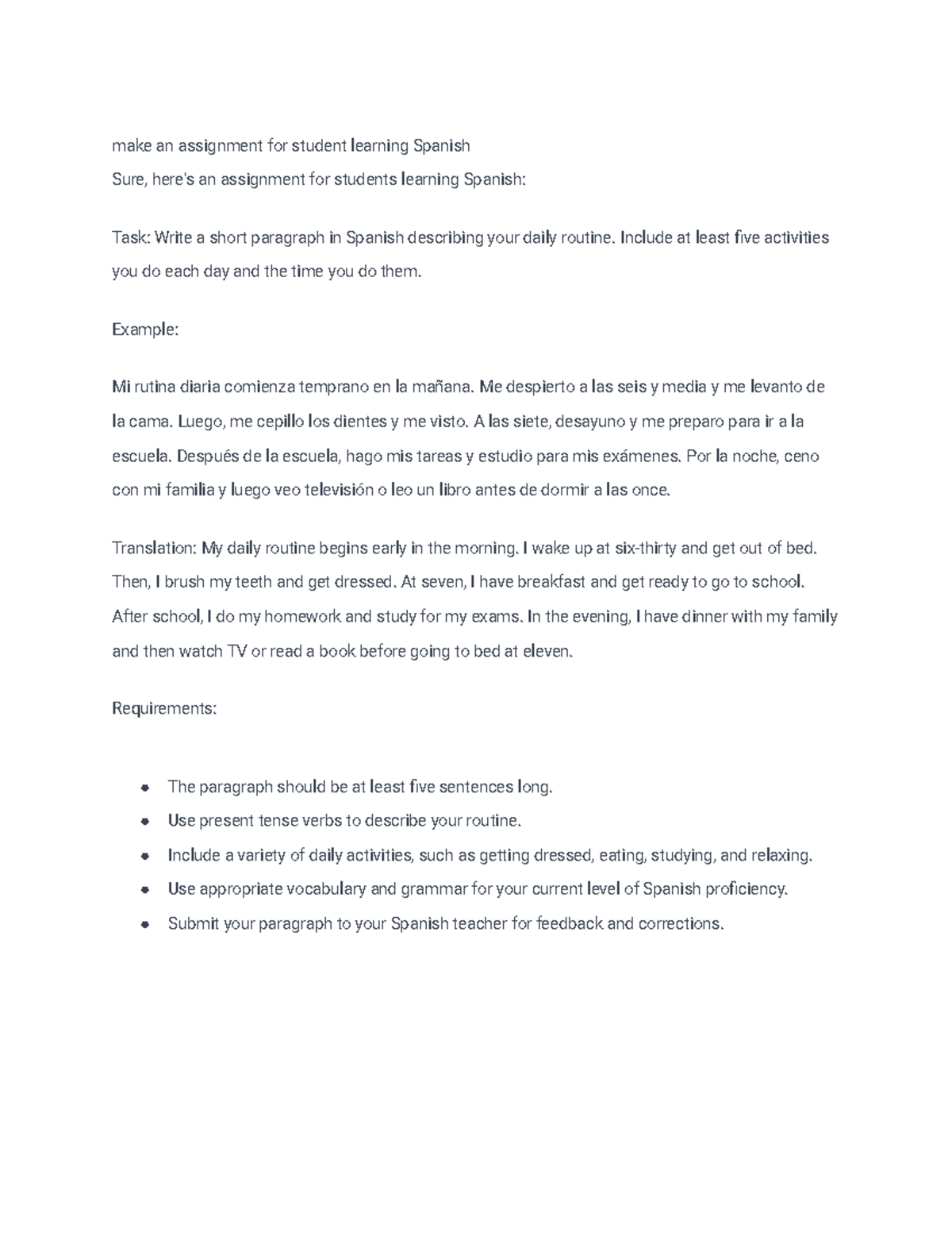 Make an assignment for student learning Spanish - Include at least five ...