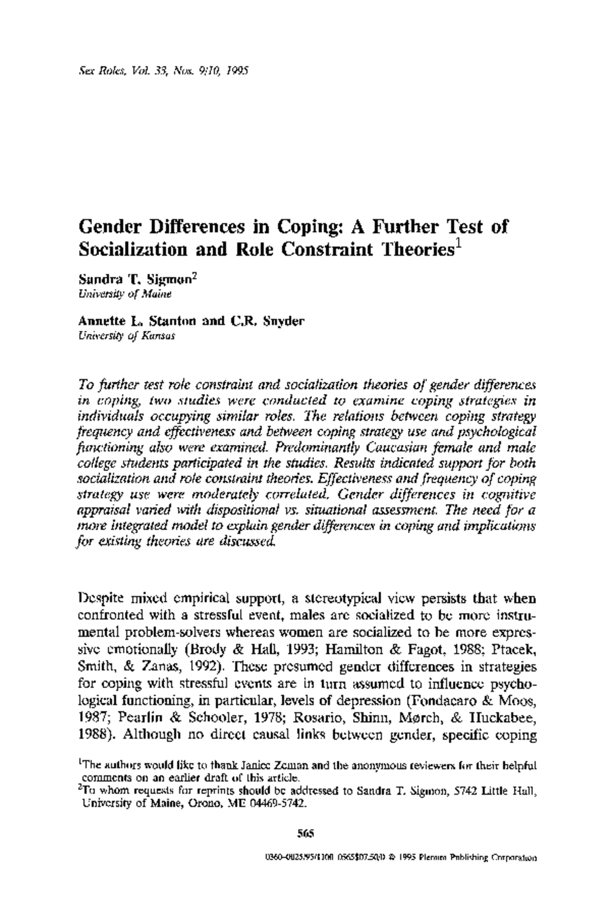 Gender differences in coping strategies: A study on socialization and ...