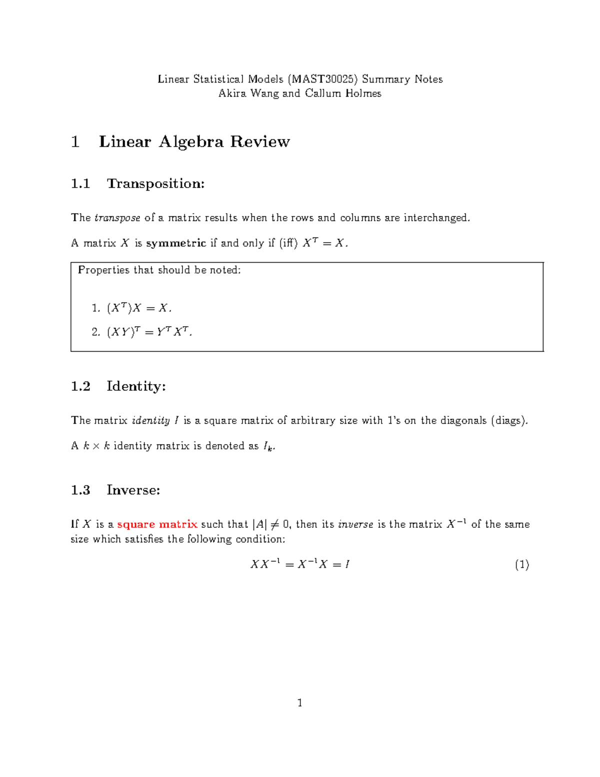 LSM (MAST30025) Summary Notes on Linear Statistical Models - Studocu