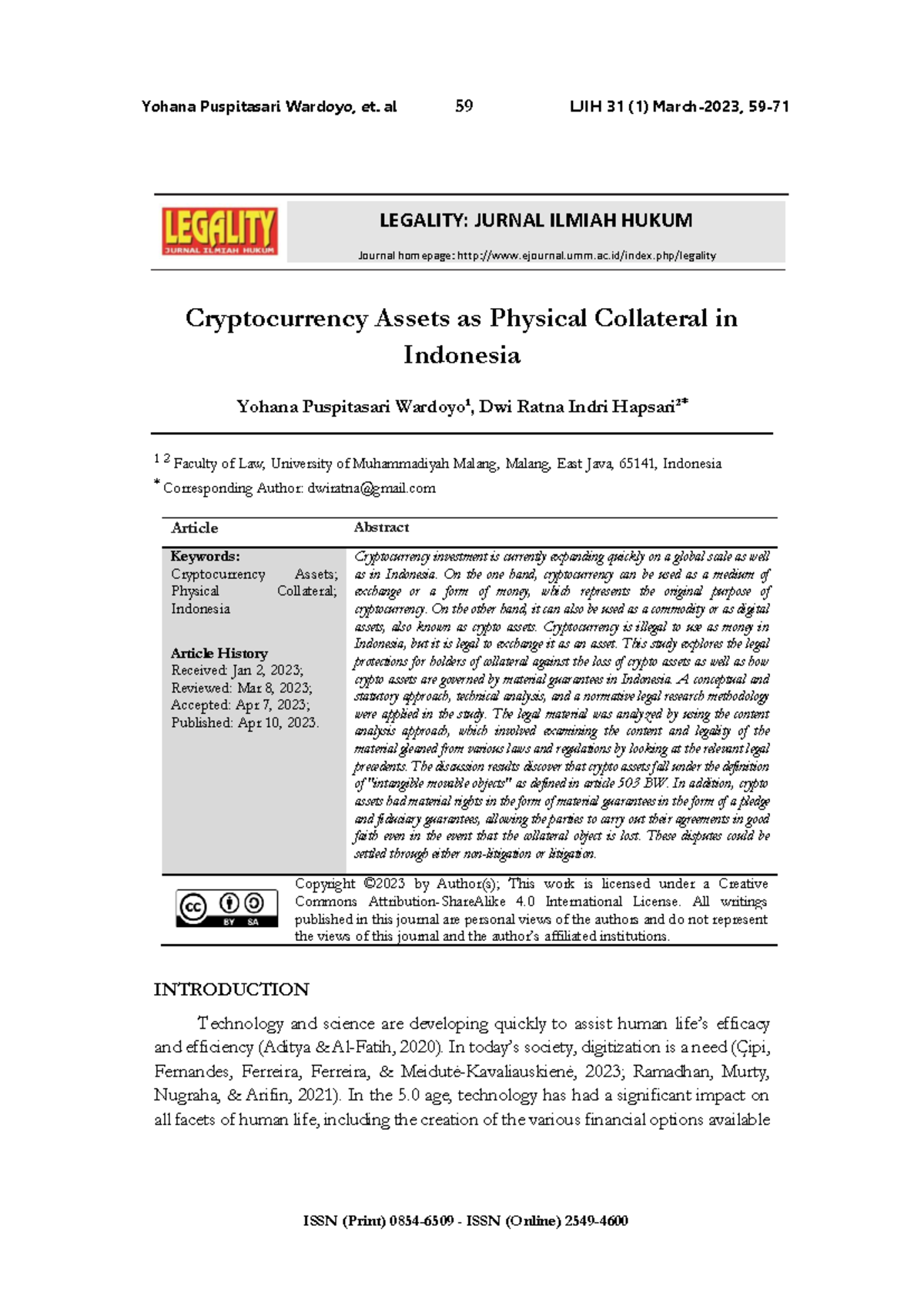 Cryptocurrency Assets as Physical Collateral in Indonesia: Legal ...