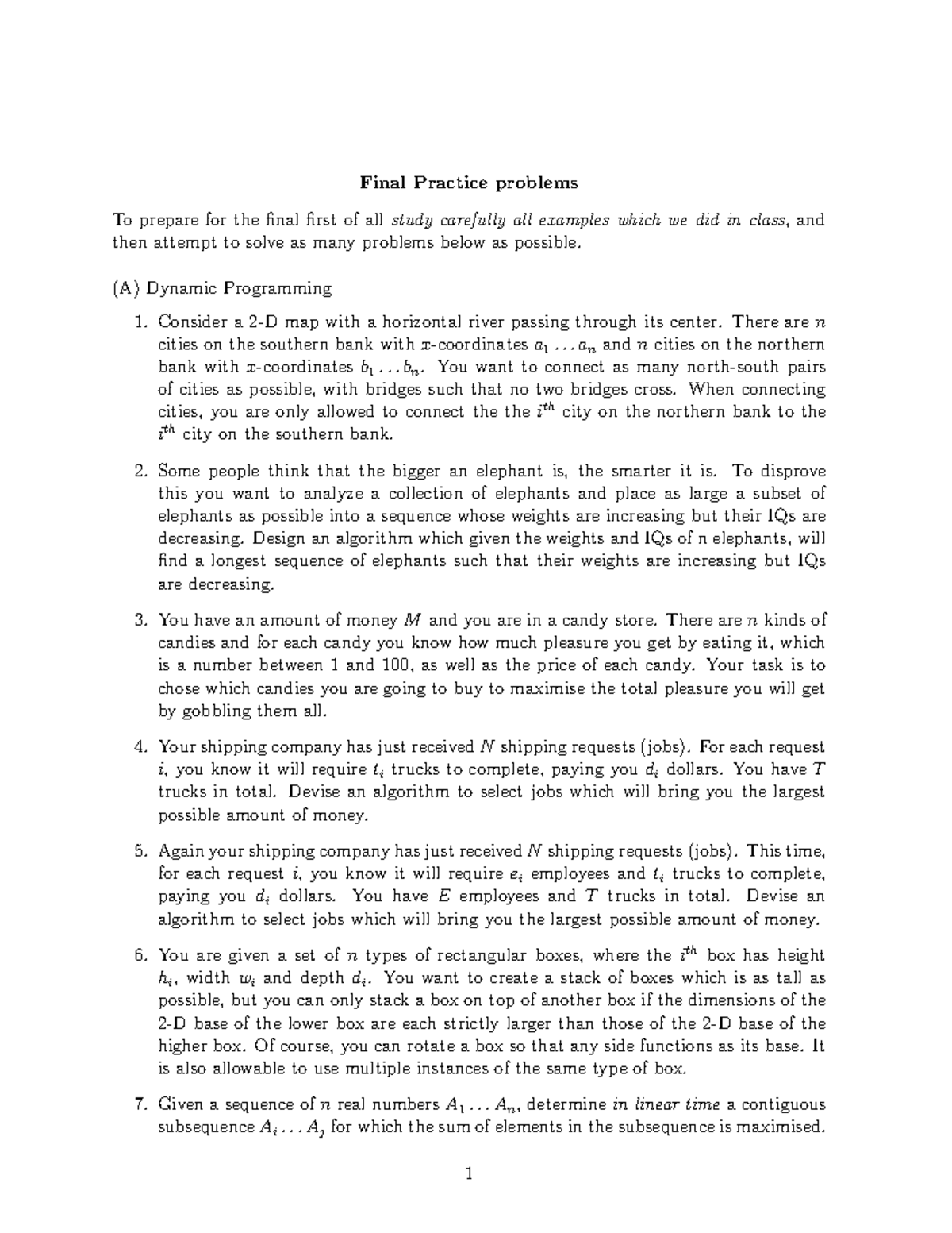 Final Exam 1 Review: Dynamic Programming Practice Questions - Studocu
