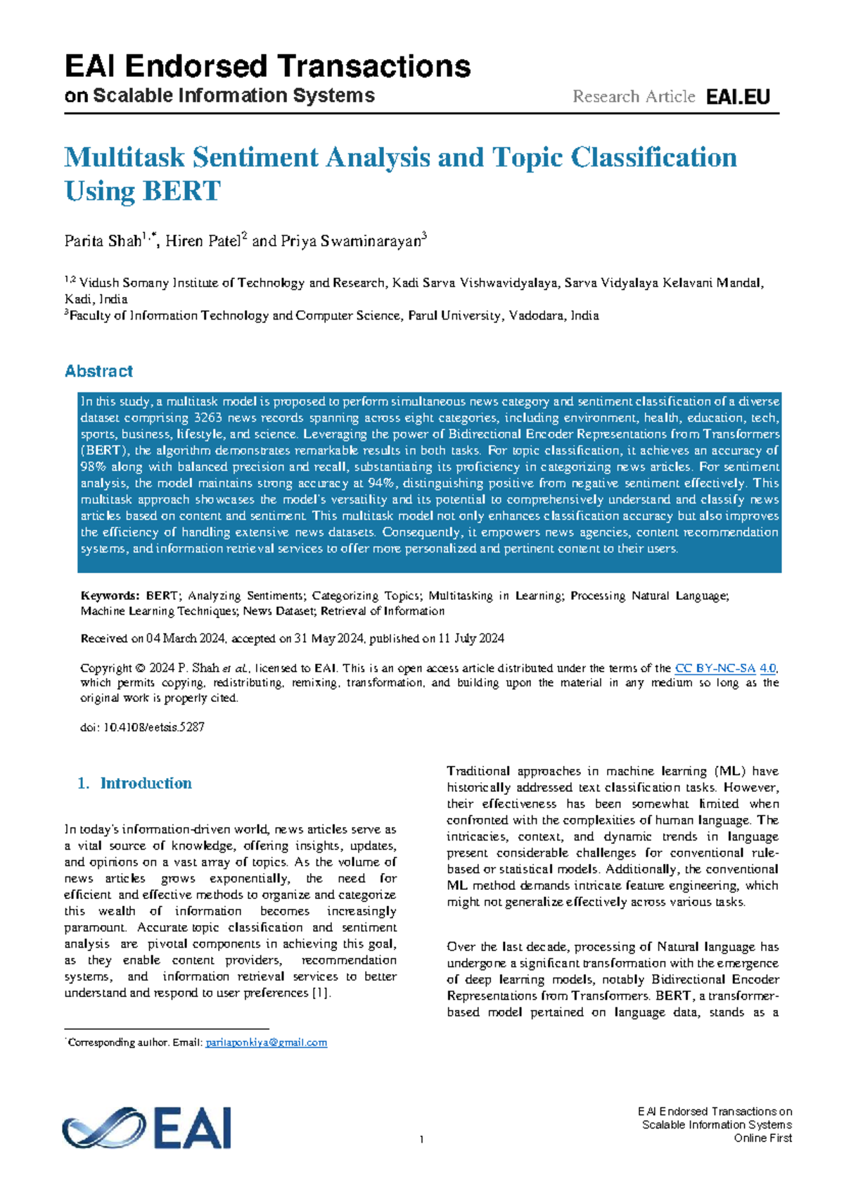 Multitask Sentiment Analysis and Topic Classification Using BERT in EAI ...