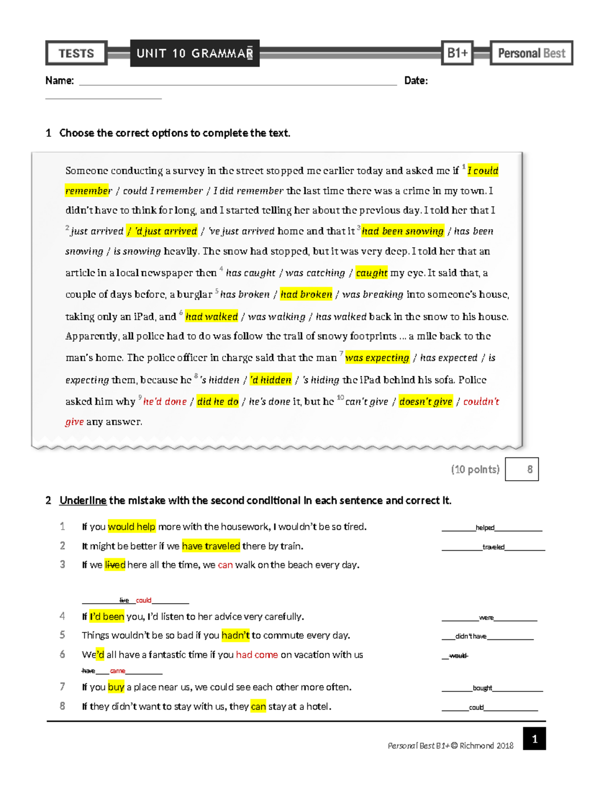 Personal Best B1+ Unit 10 Grammar Test Notes - Studocu