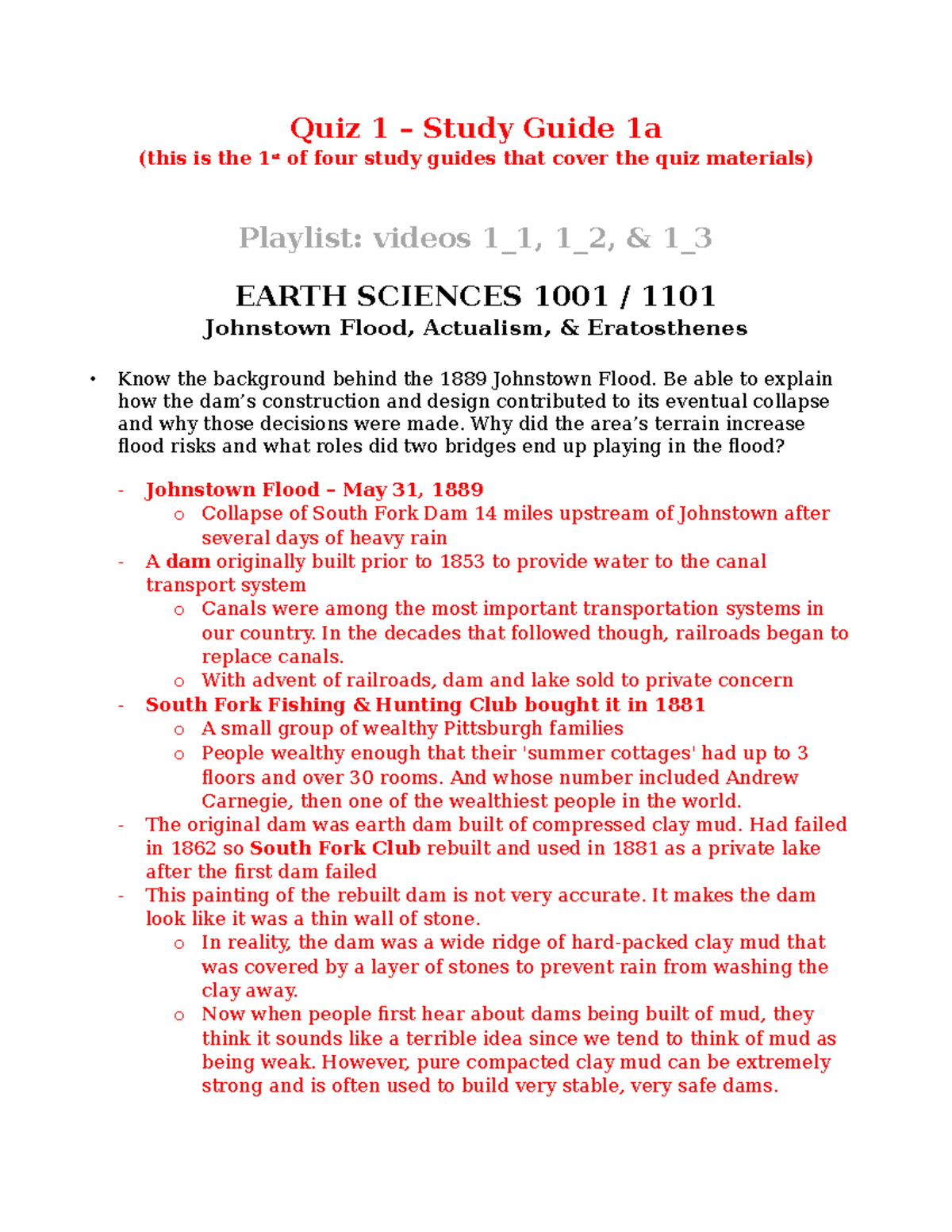 QUIZ 1 Study Guide - Quiz 1 – Study Guide 1a (this is the 1st of four ...